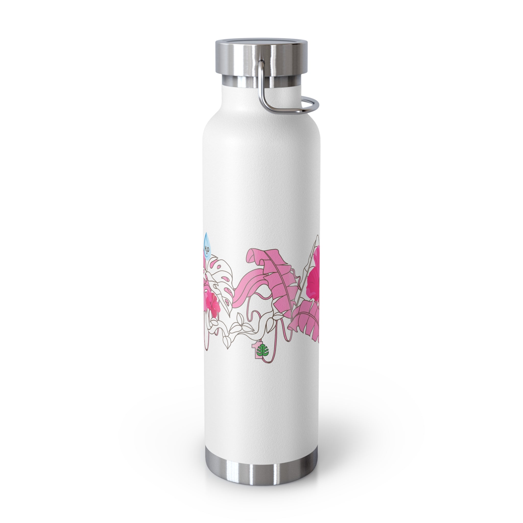 White water bottle with pink and blue design on a white background