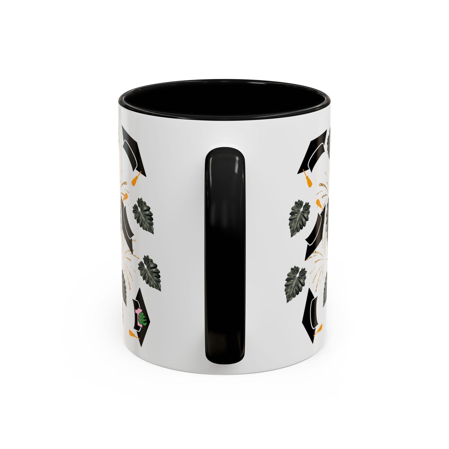back of the mug with a black handle and black inner coating.