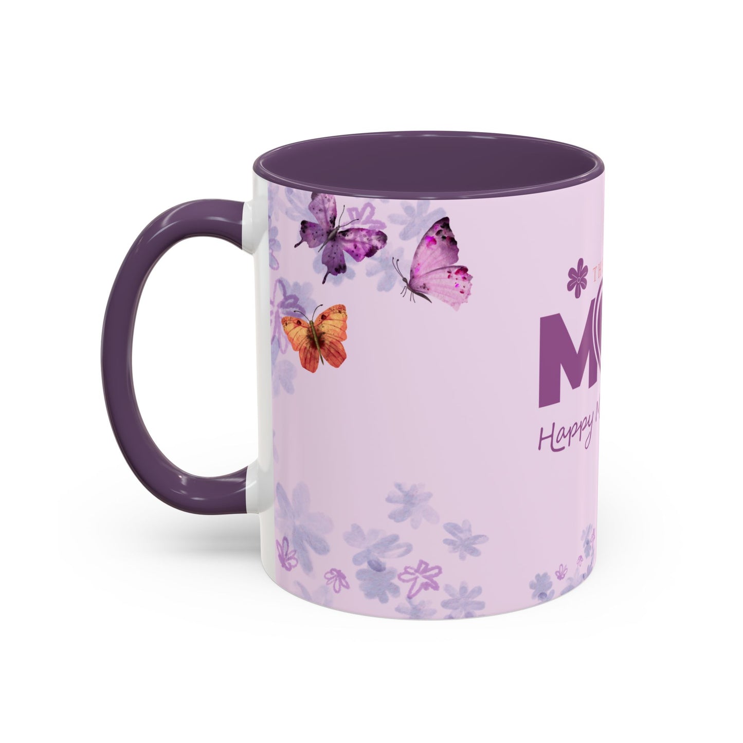 purple mug with flowers and butterflies