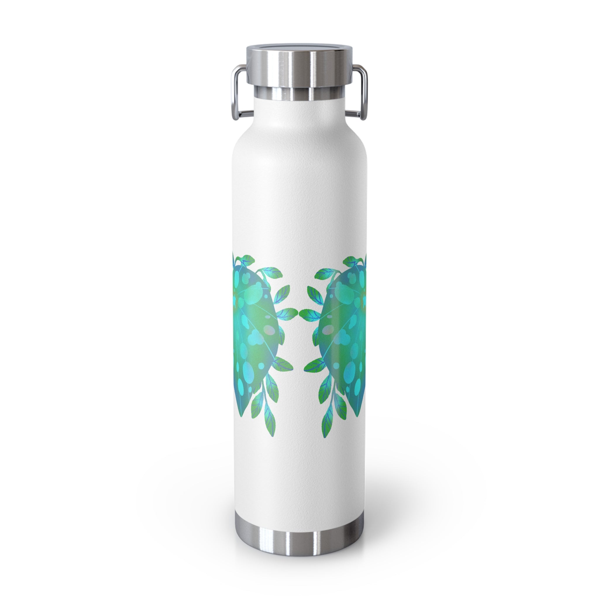 White water bottle with aqua leaf design on a white background