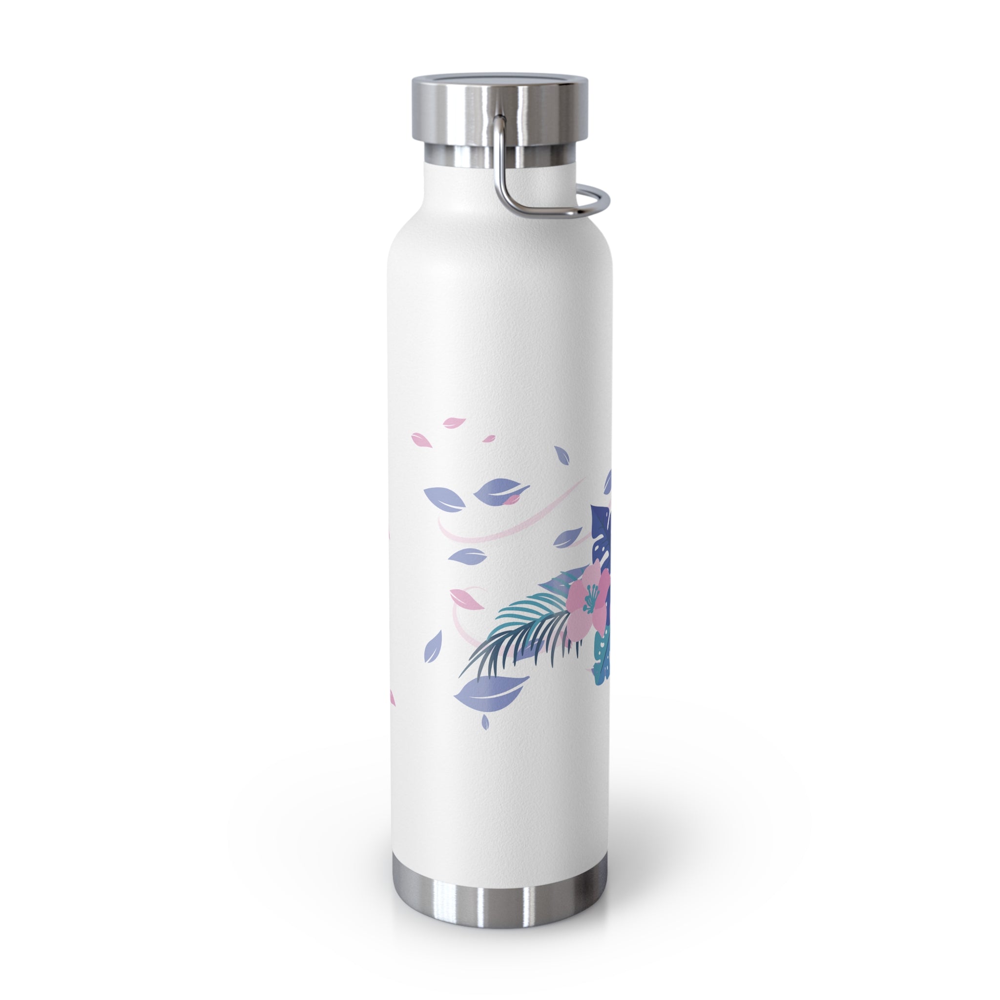 White water bottle with colorful leaf design on a white background