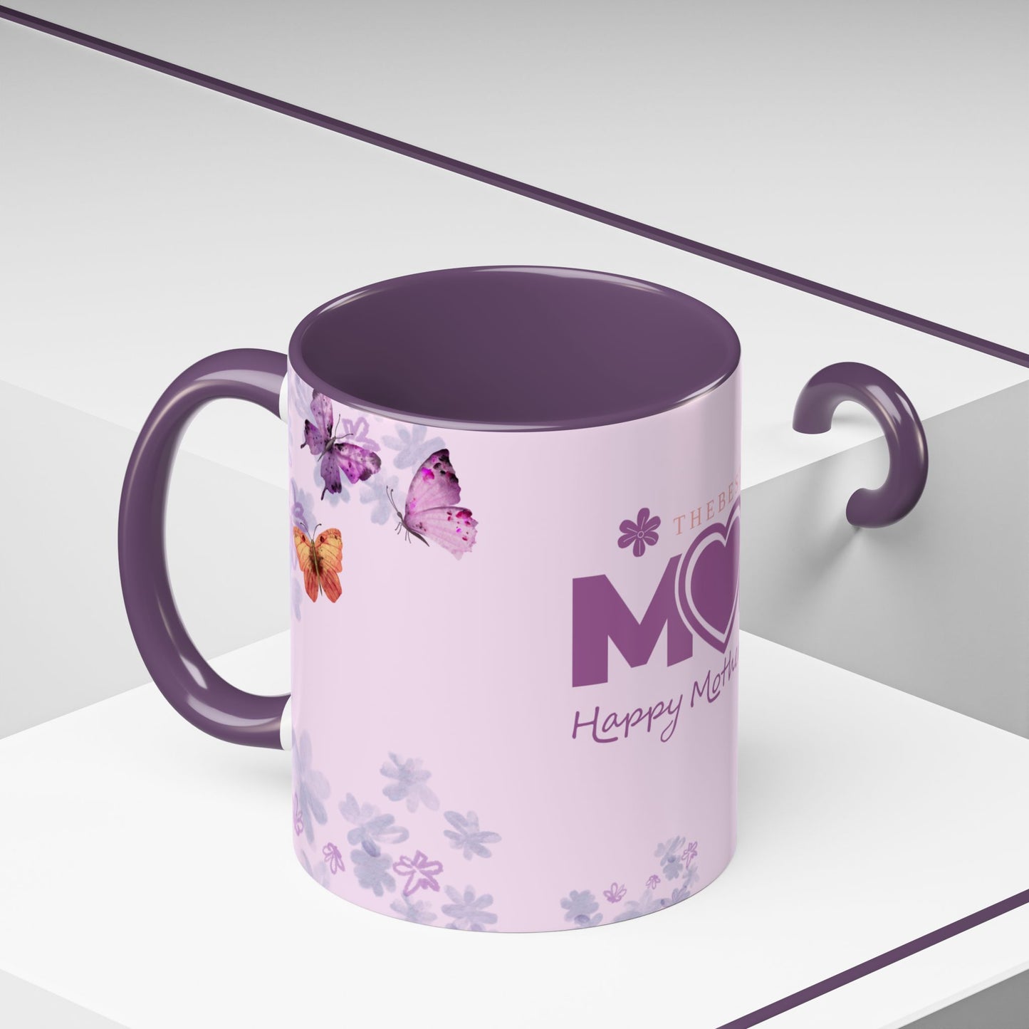 purple mug with flowers and butterflies