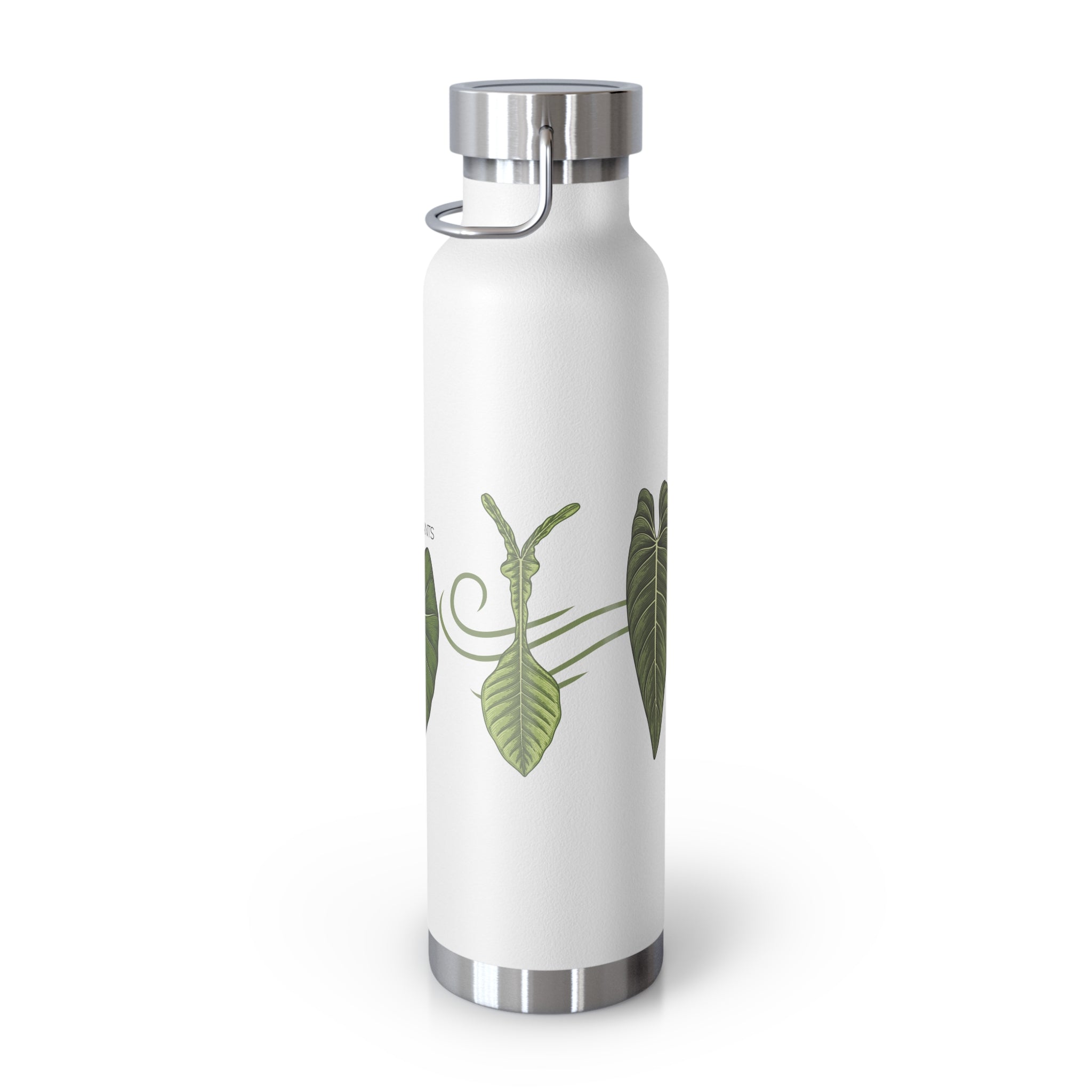 White water bottle with green philodendron leaf design on a white background