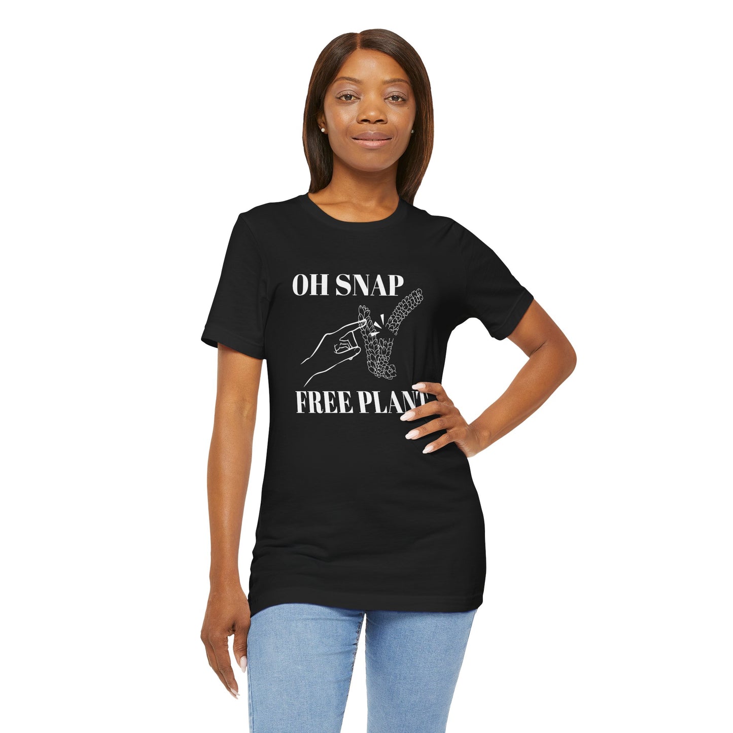 A student wearing a black colored shirt with text that says "Oh snap" "free plant." The shirt design also has a burro's tail plant snapped in half and a finger pointing to it. The shirt is an excellent gift for birthdays and Christmas. House plant collectors love this funny t-shirt.