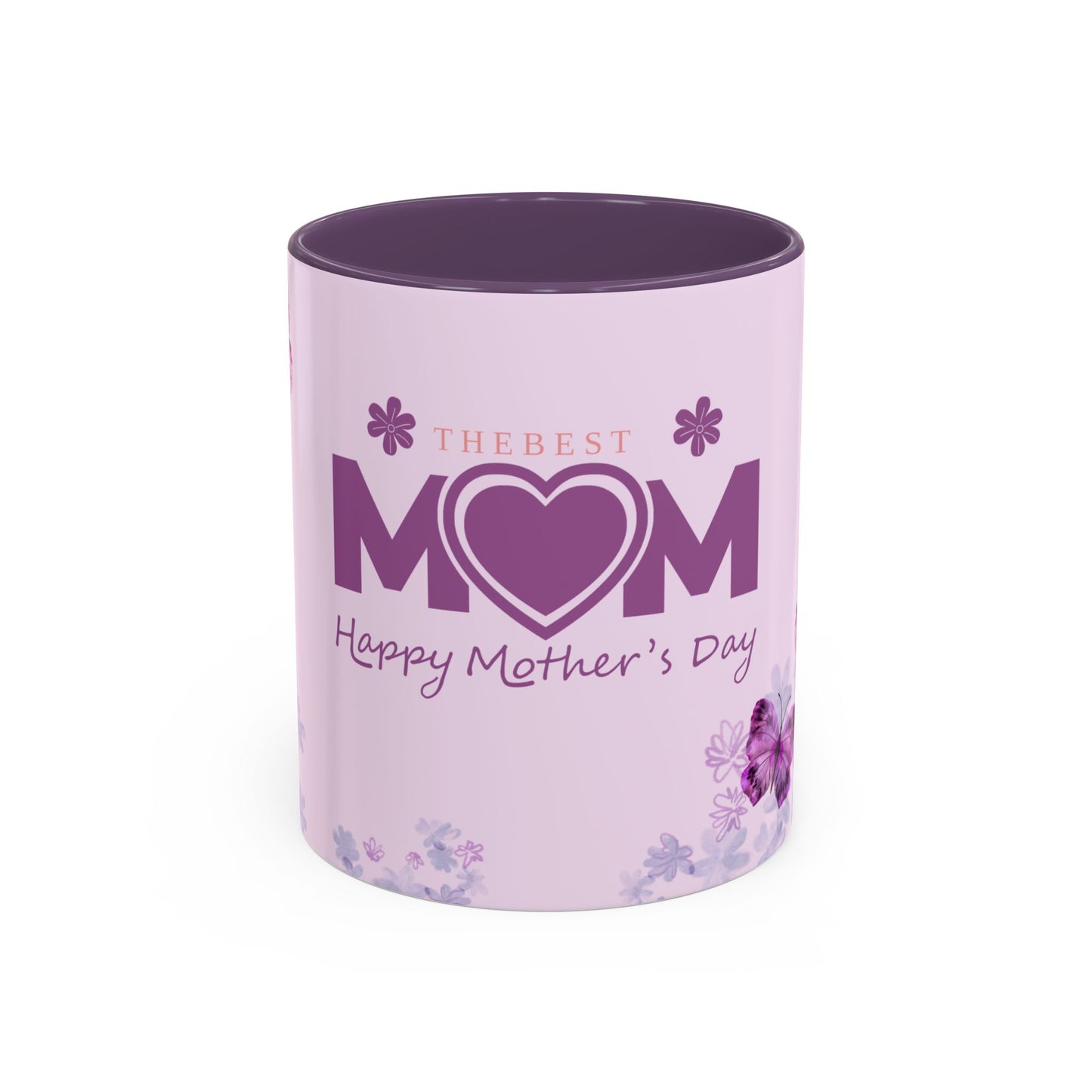 a purple ceramic mug with text that says "The best mom" "Happy Mother's Day"