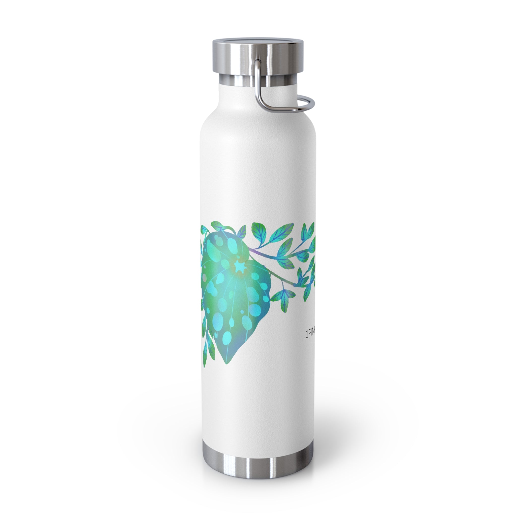 White water bottle with a begonia leaf design on a white background