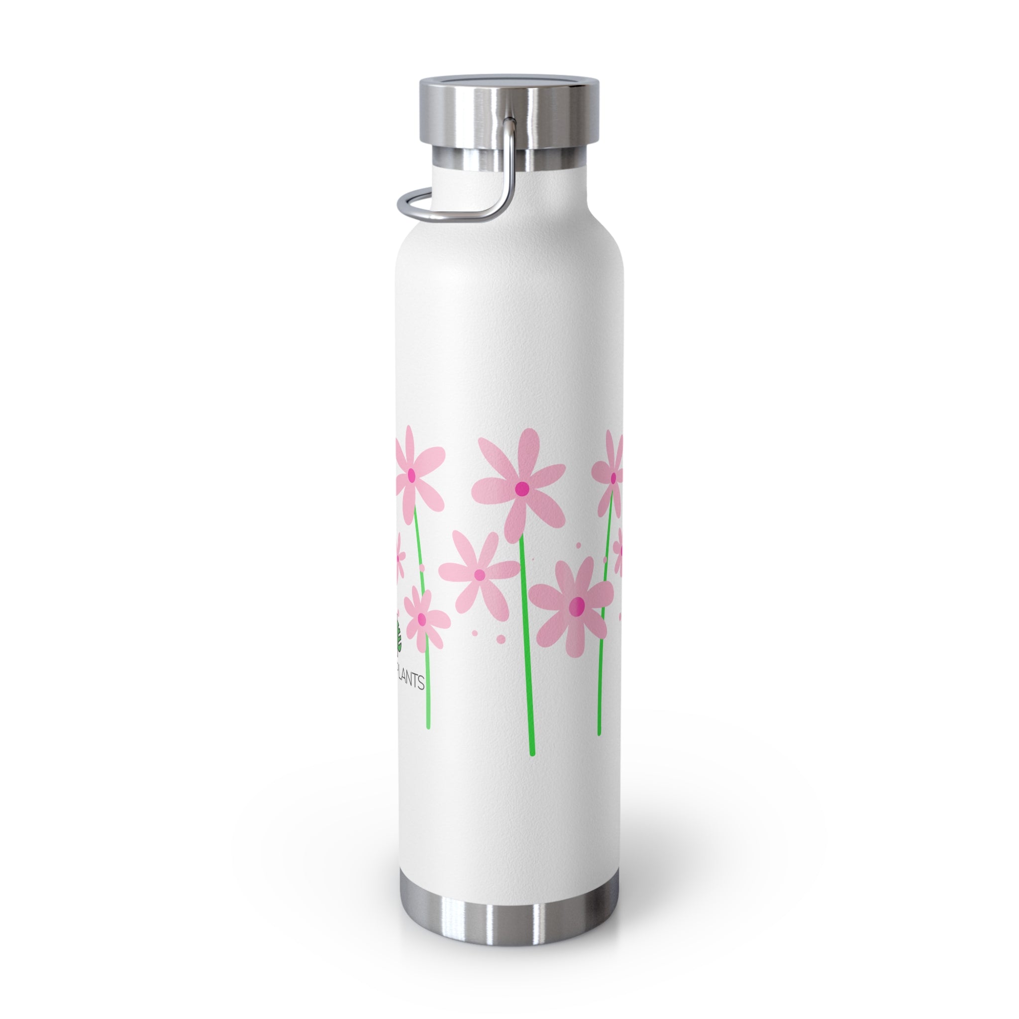 White water bottle with pink daisy floral design on a white background