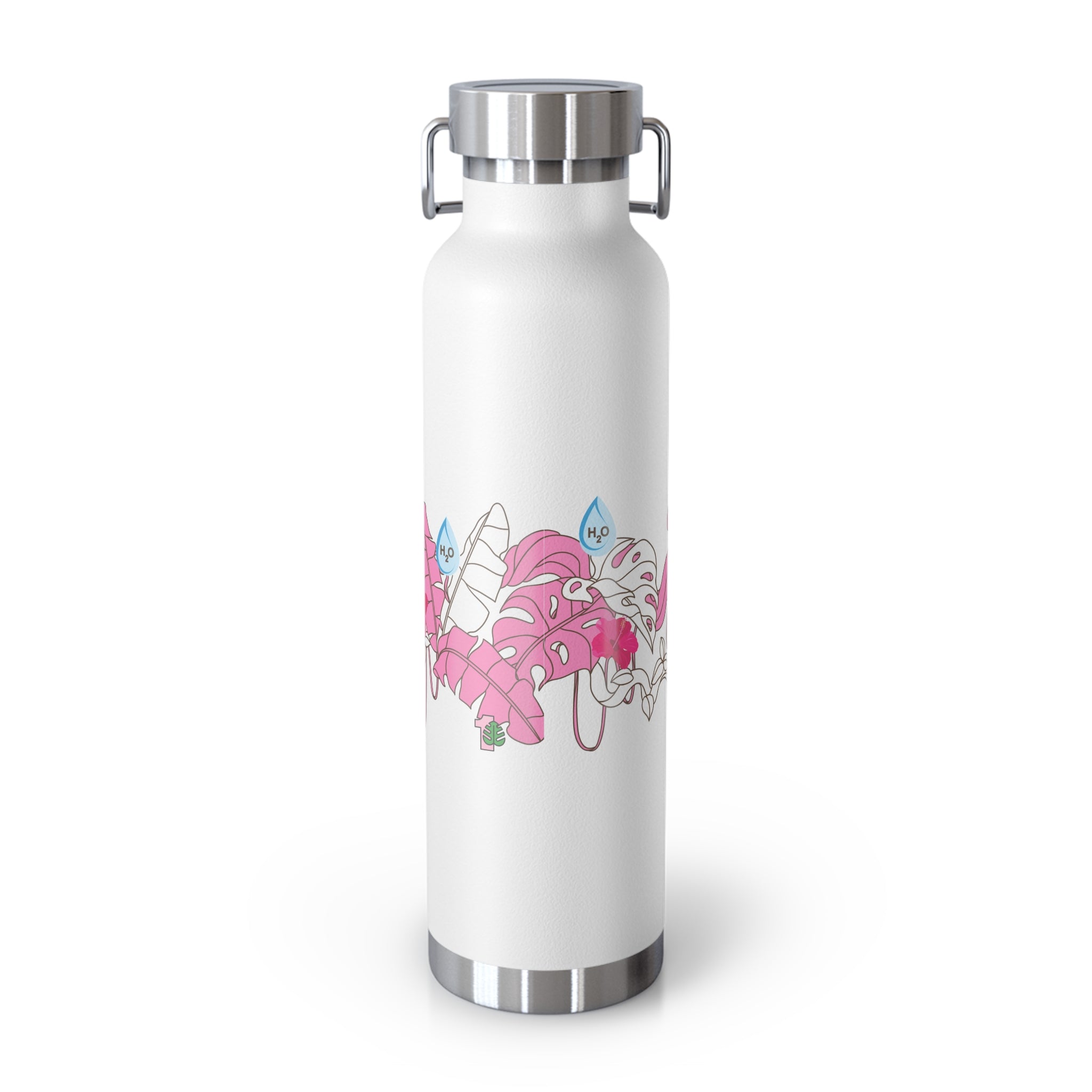 White water bottle with pink and green leaf design on a white background