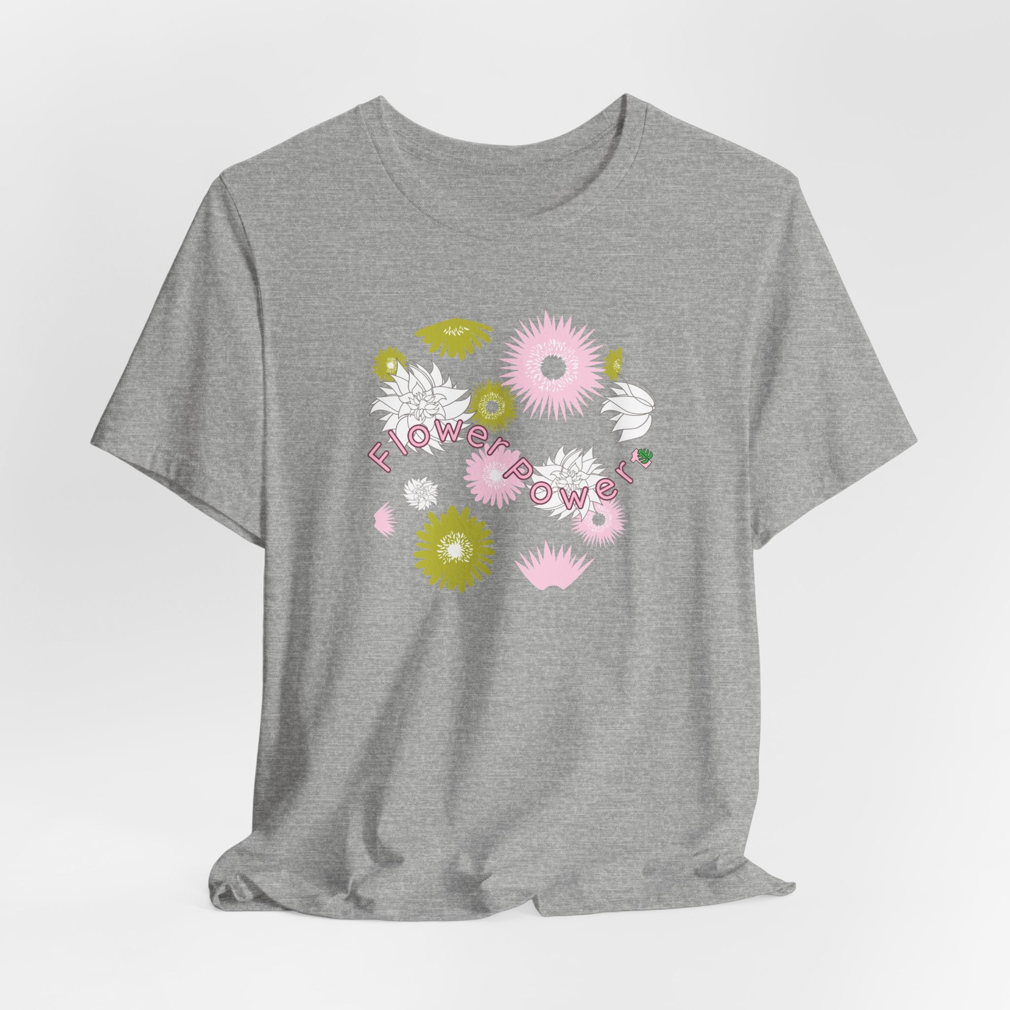 An athletic heather color tee shirt with the words flower power in pink.  There are also pink, white, and green flowers printed on the shirt.