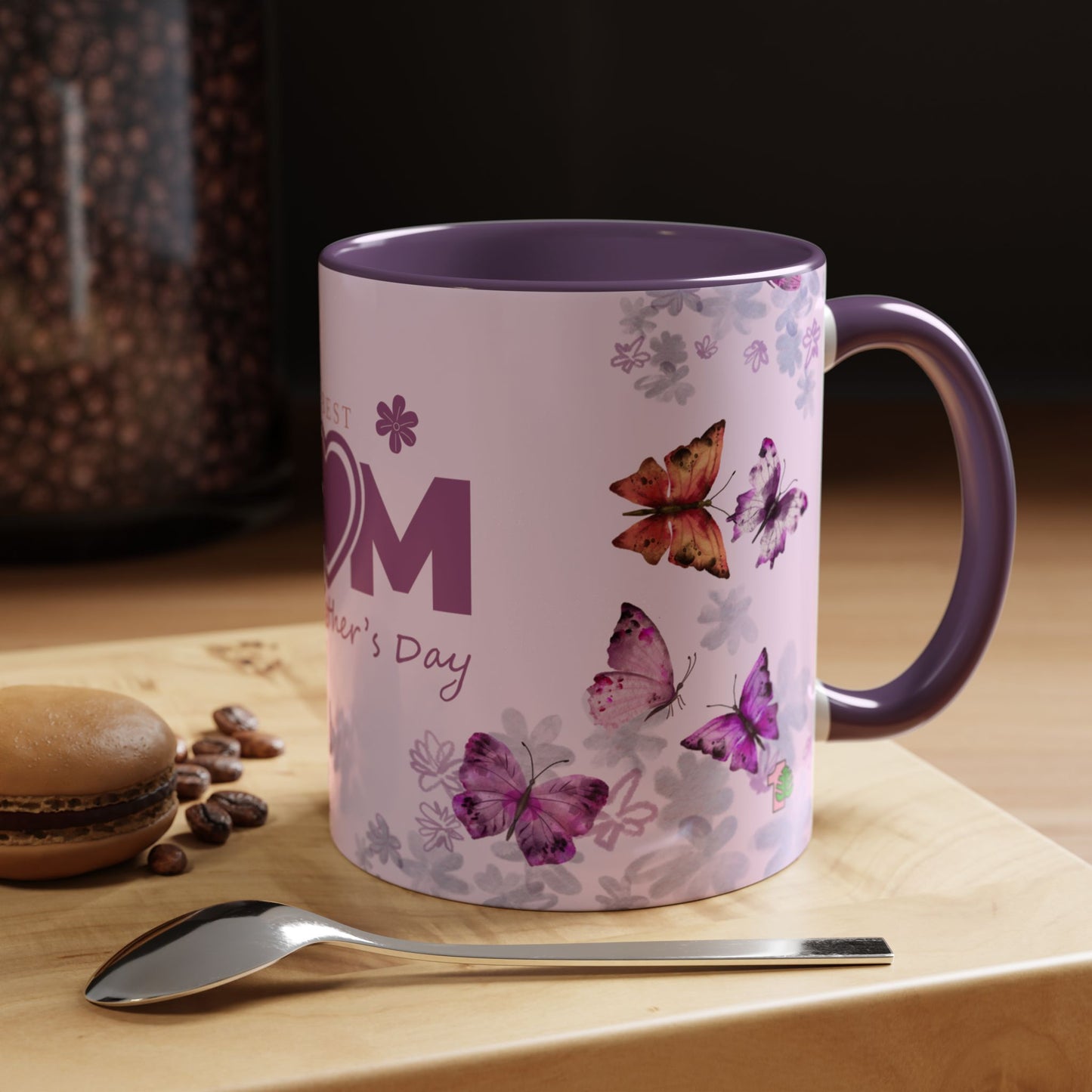 purple mug with flowers and butterflies