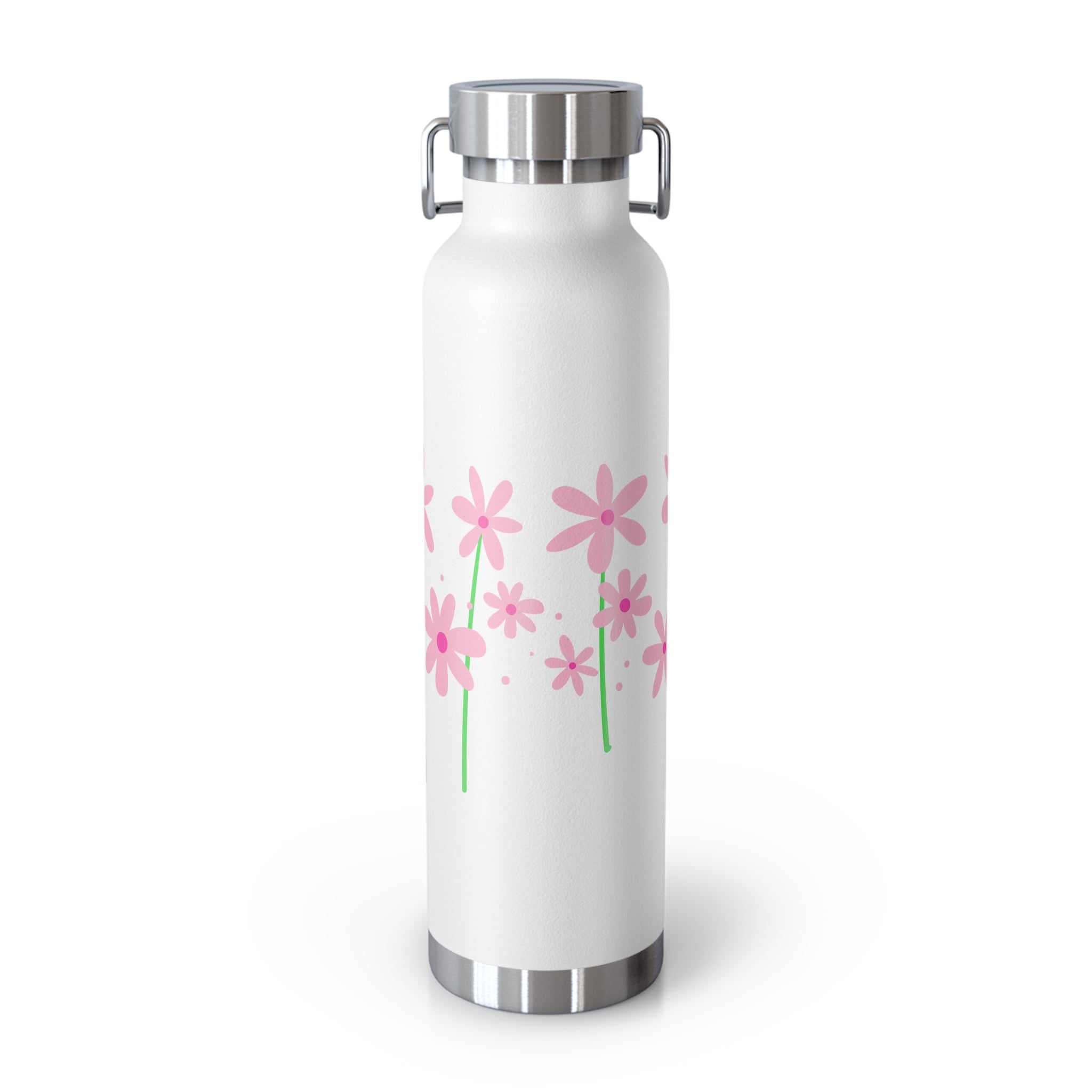 White water bottle with pink flower design on a white background
