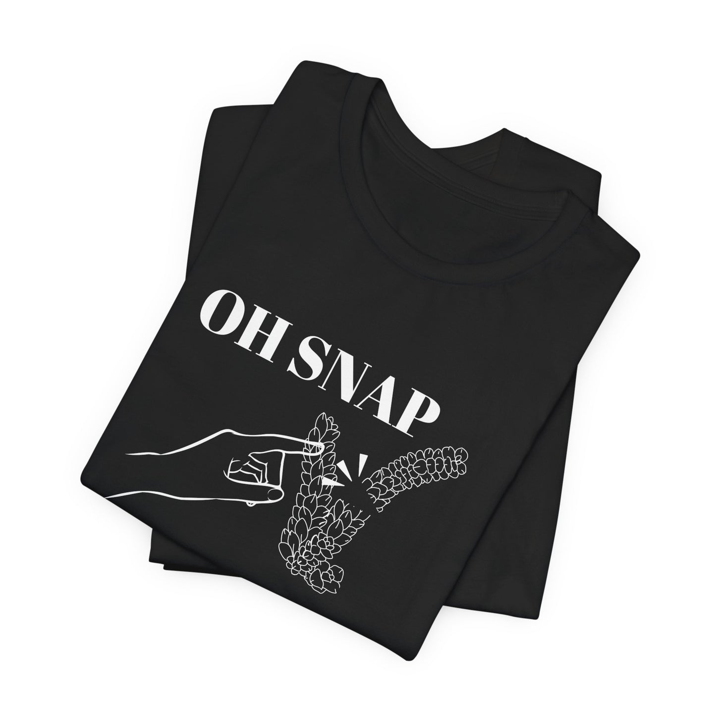 A folded black colored shirt with text that says "Oh snap" "free plant." The shirt design also has a burro's tail plant snapped in half and a finger pointing to it. The shirt is an excellent gift for birthdays and Christmas. House plant collectors love this funny t-shirt.