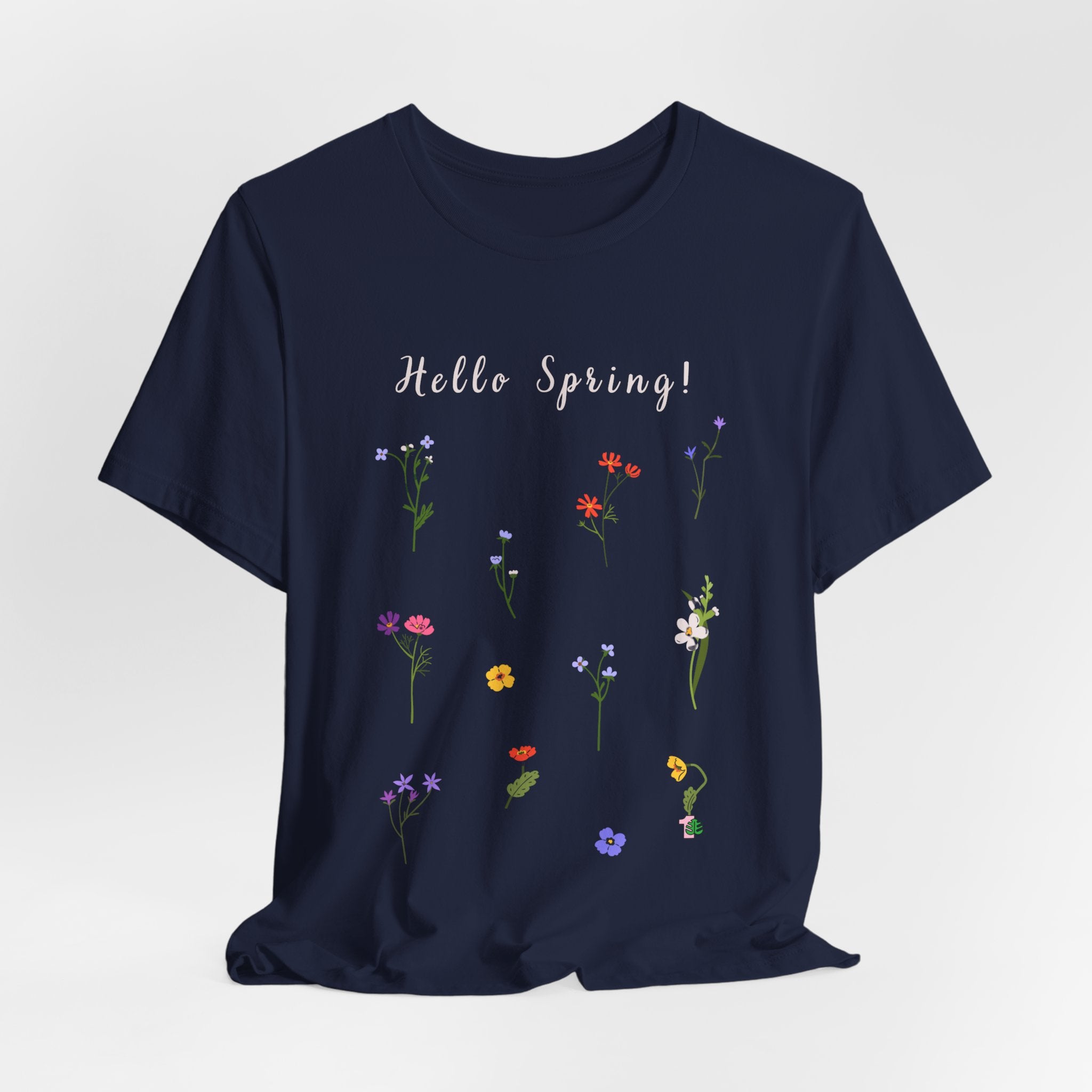 A navy t-shirt with the words "Hello Spring!"