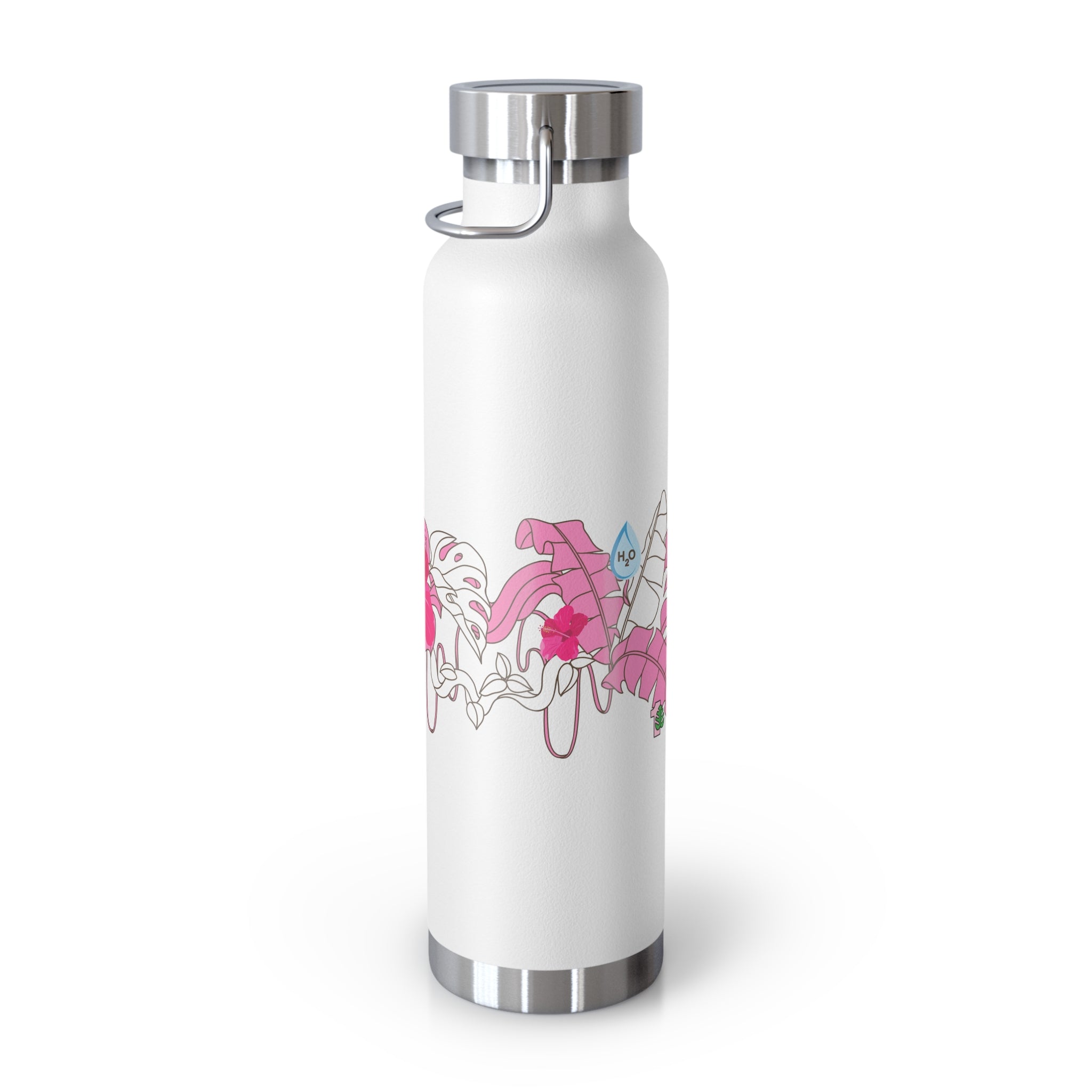 White water bottle with pink and blue design on a white background