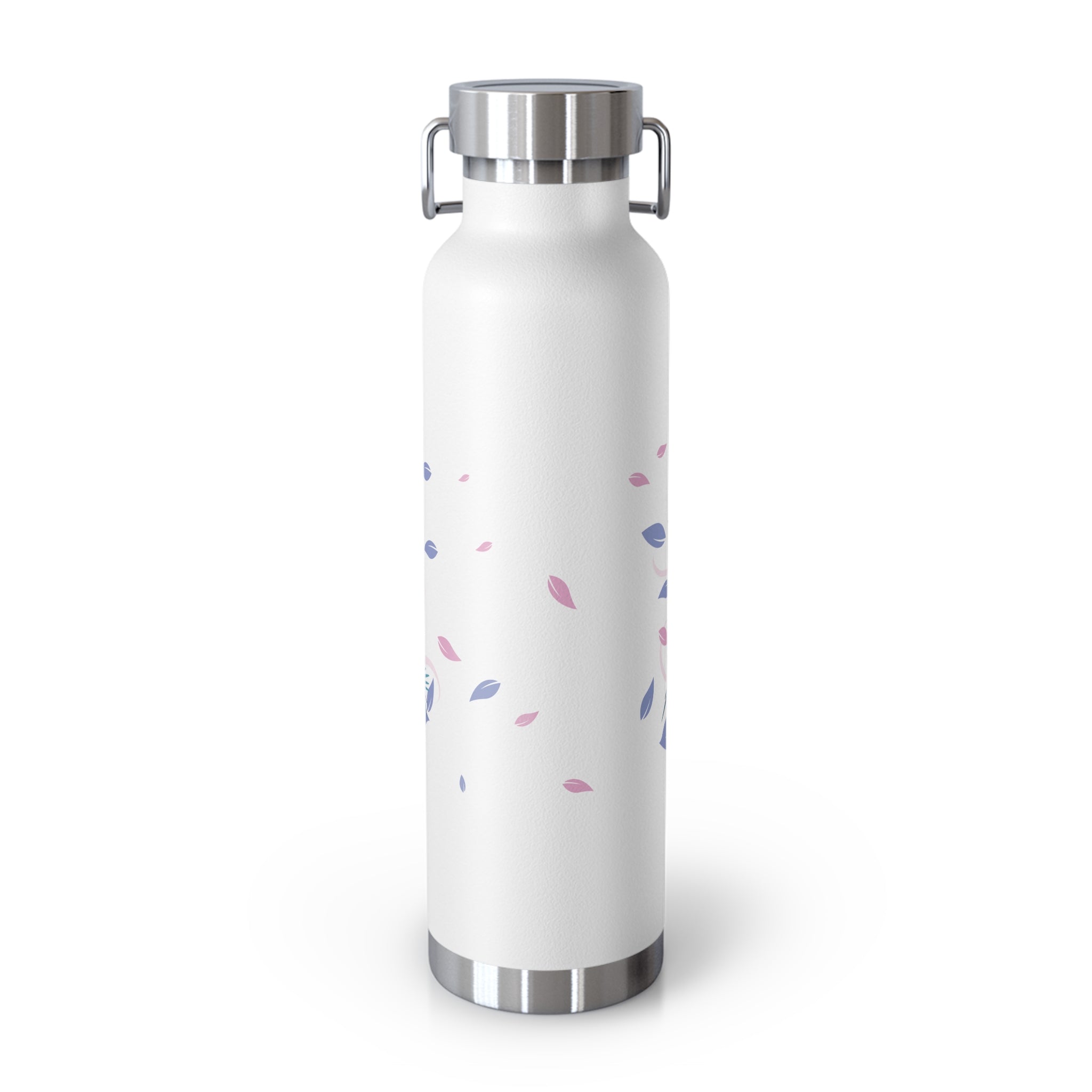 White water bottle with colorful pattern on a white background