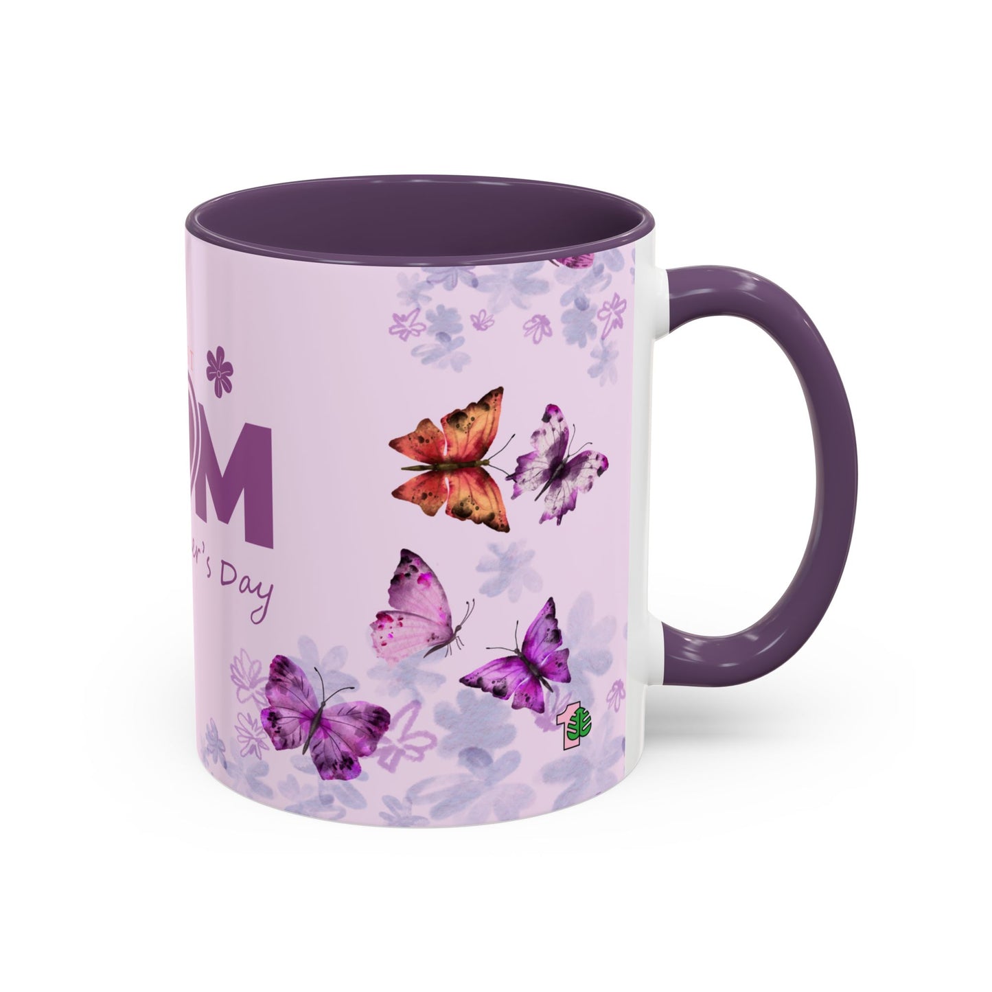 purple mug with flowers and butterflies
