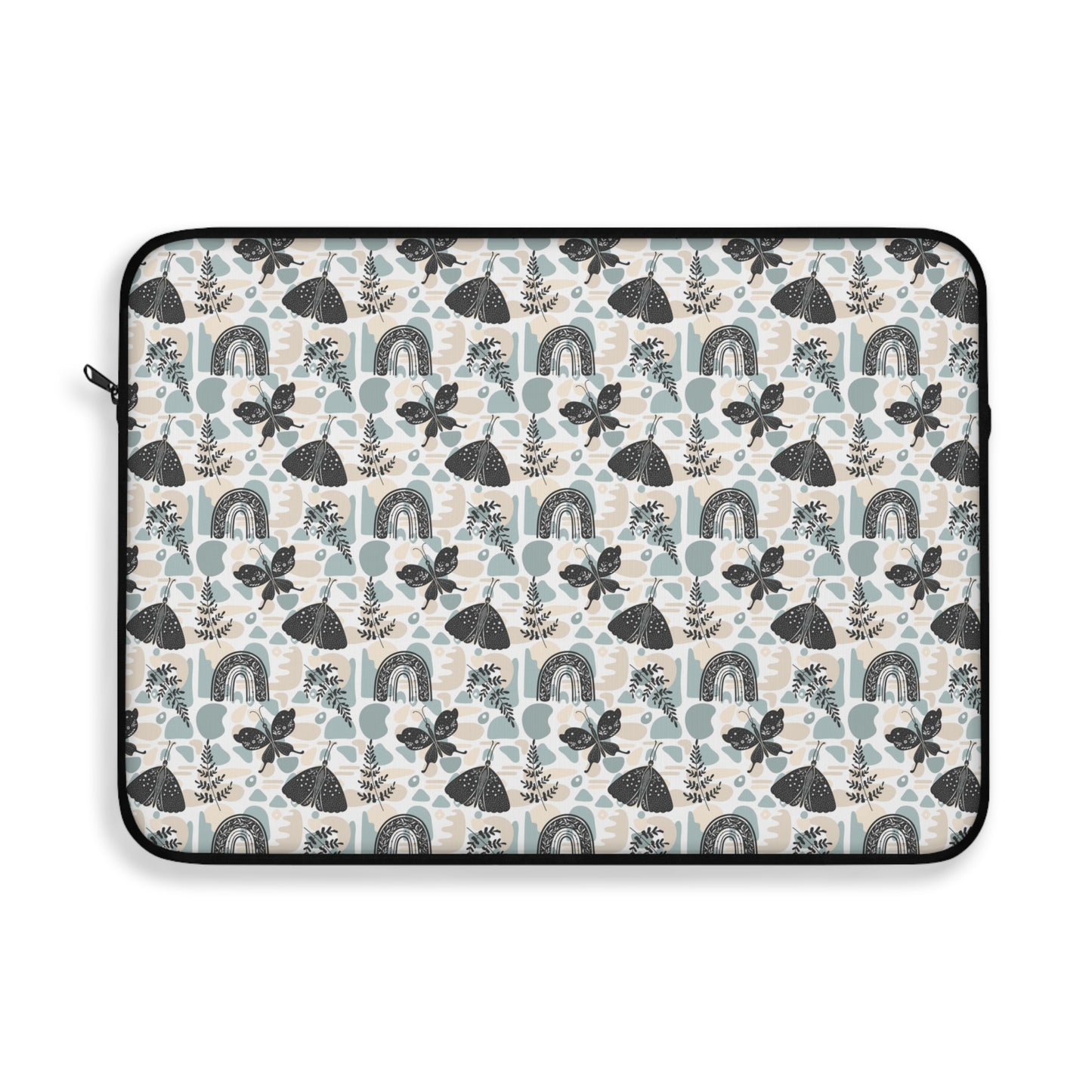 A cute boho chic style laptop sleeve with rainbows, plant leaves, and butterflies design.