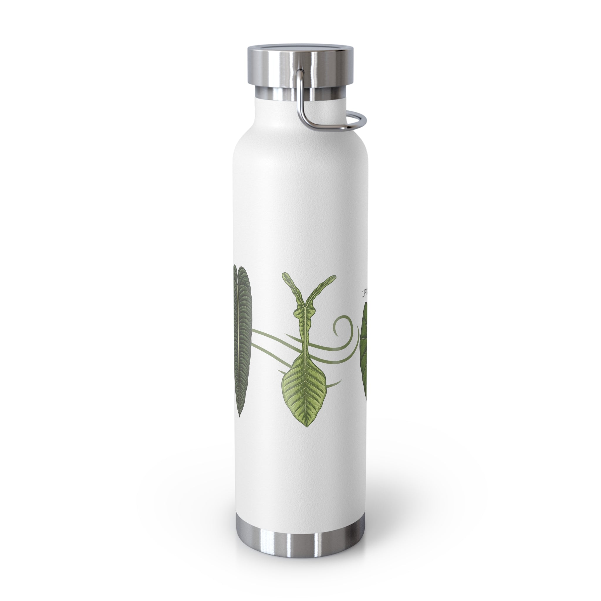 White water bottle with green house plant leaf design on a white background.
