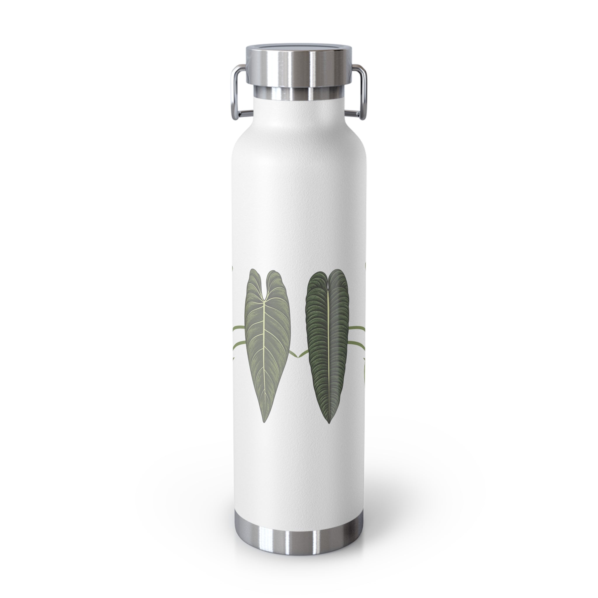 White water bottle with green leaf design on a white background