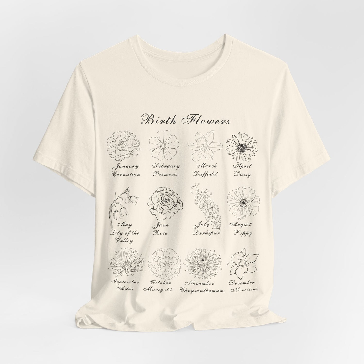 A t-shirt with a printed design of birth flowers for each month of the year