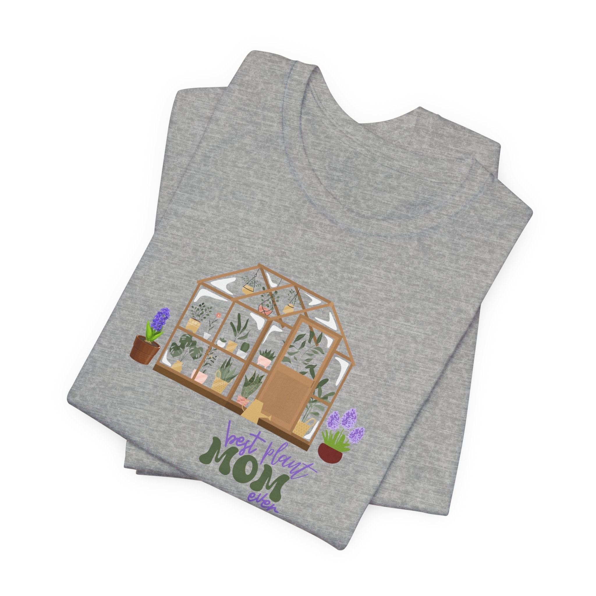 a folded heather gray shirt with a greenhouse design and the words "best plant mom ever."  This tee shirt makes an excellent gift for moms that don't have kids but have plants.