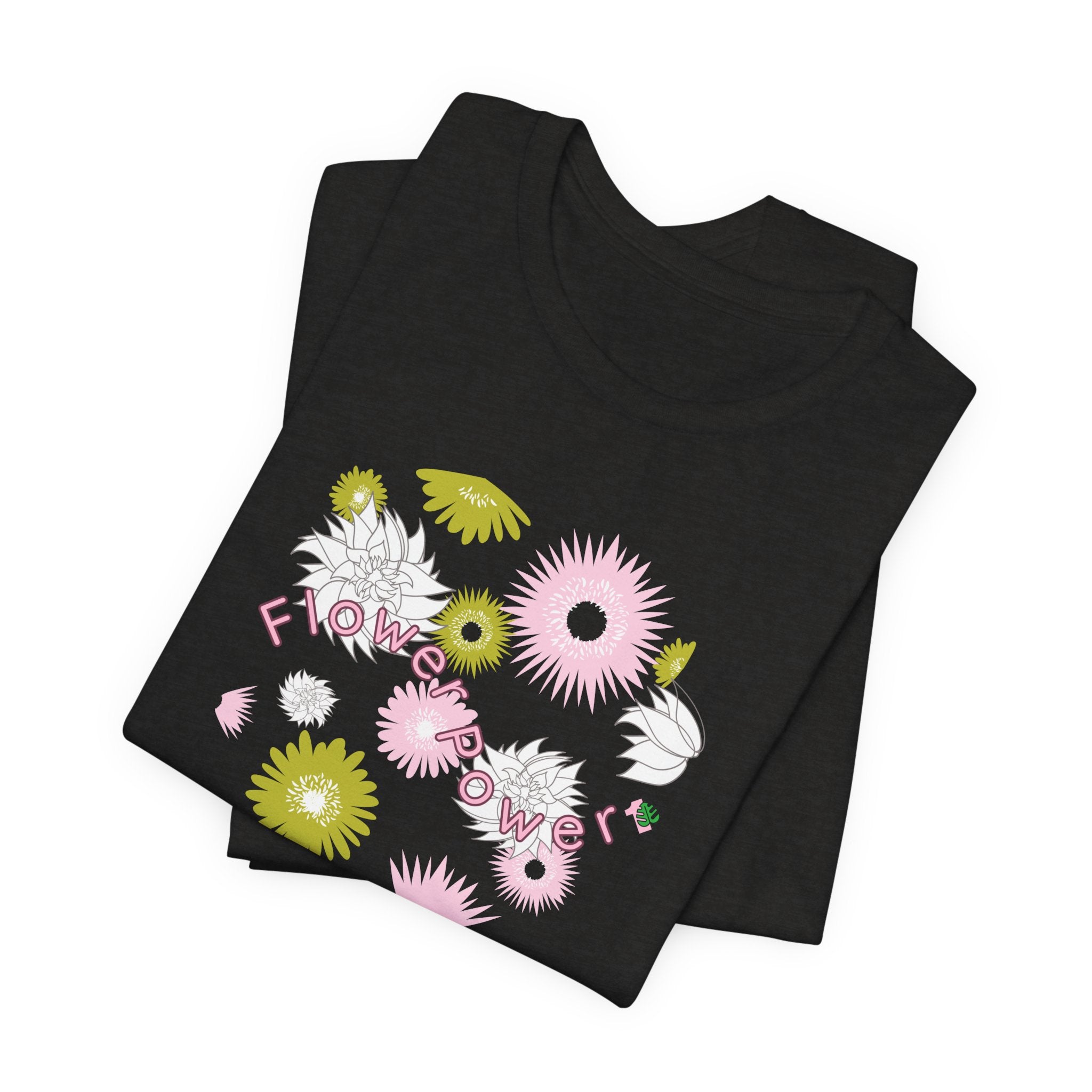 A black short-sleeved jersey tee with a vibrant floral graphic print in multiple colors on the front.