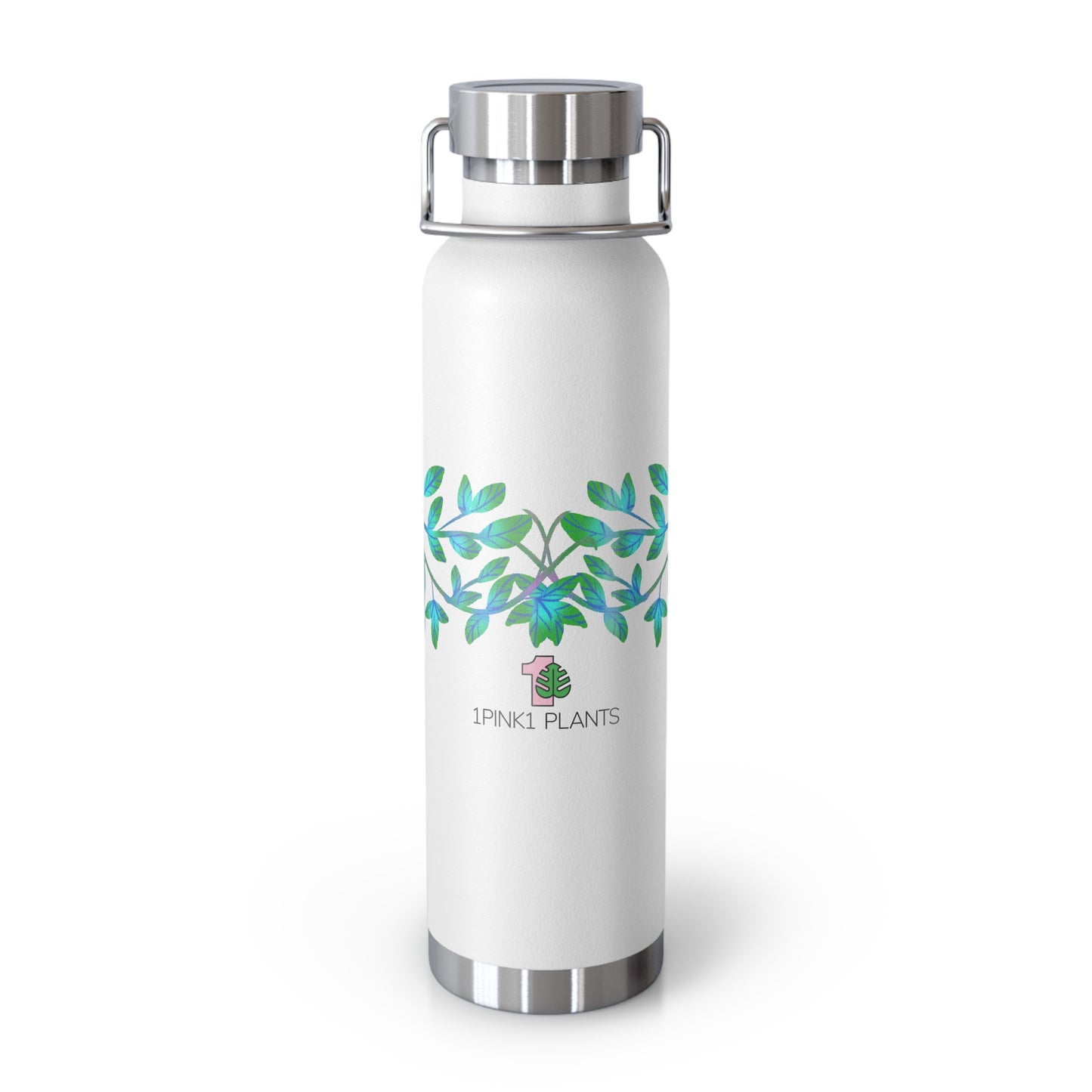 White water bottle with green leaf design and '1pink1 plants' logo on a white background
