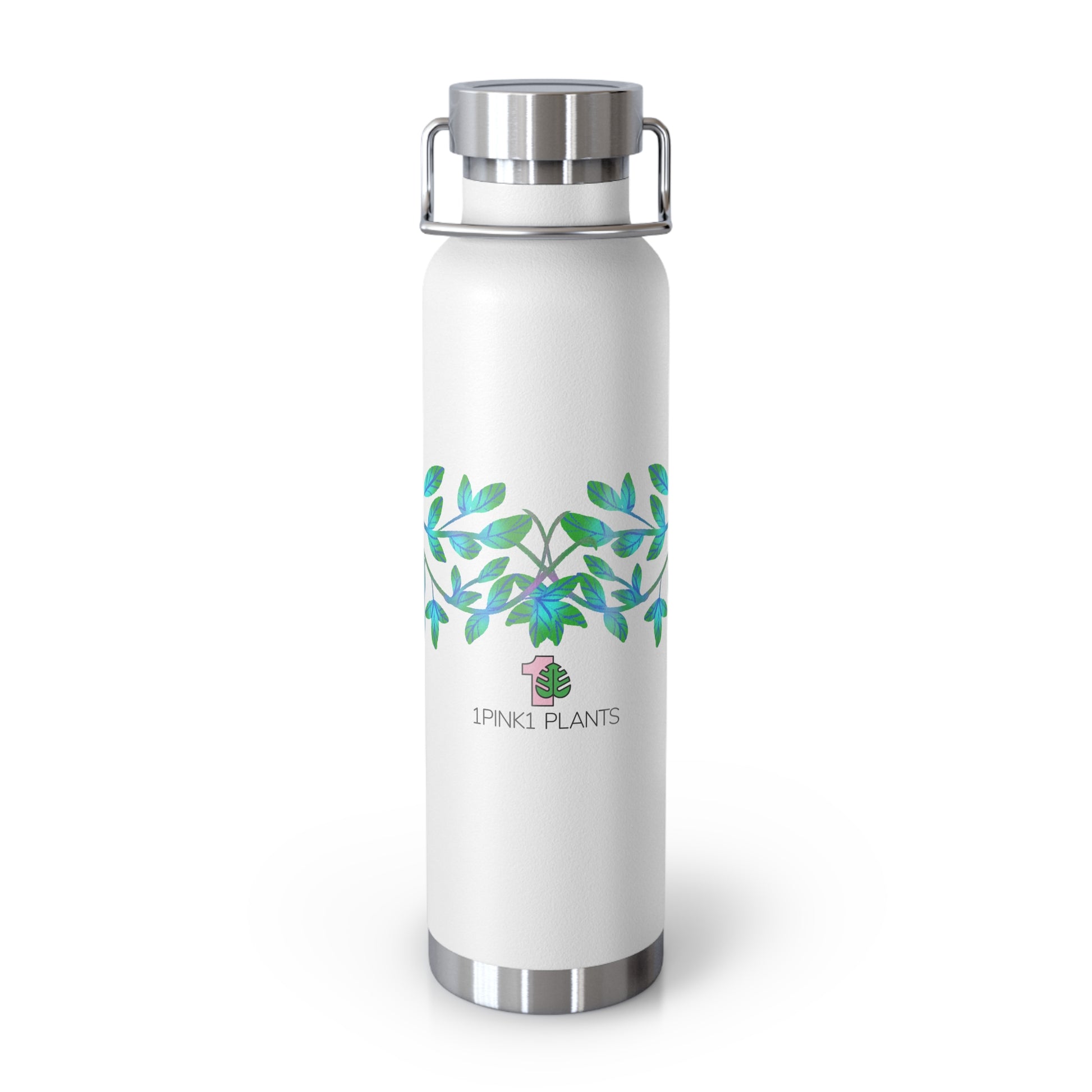 White water bottle with green leaf design and '1pink1 plants' logo on a white background