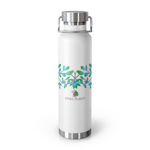 White water bottle with green leaf design and '1pink1 plants' logo on a white background