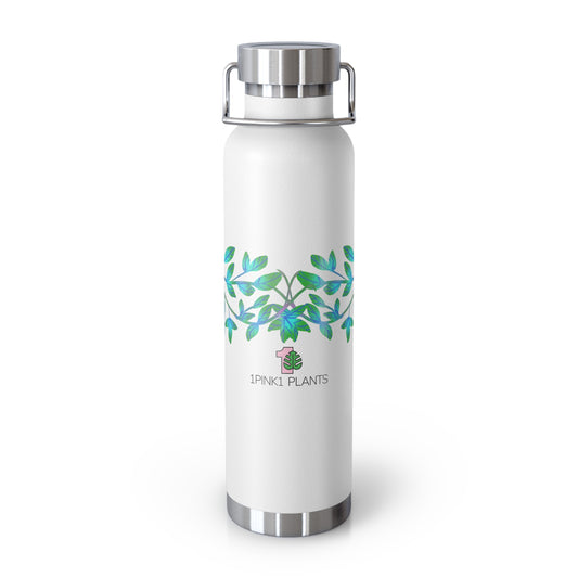 White water bottle with green leaf design and '1pink1 plants' logo on a white background