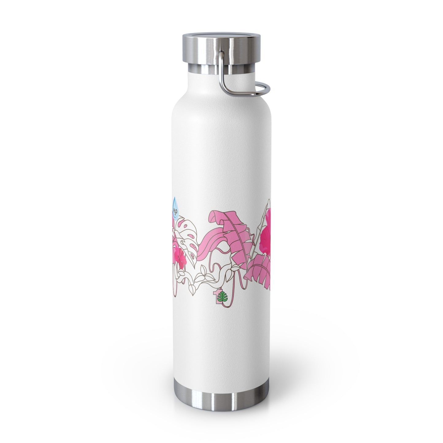 White water bottle with pink and blue design on a white background
