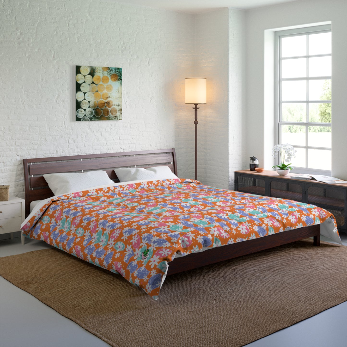 Floral Print Over Orange Comforter