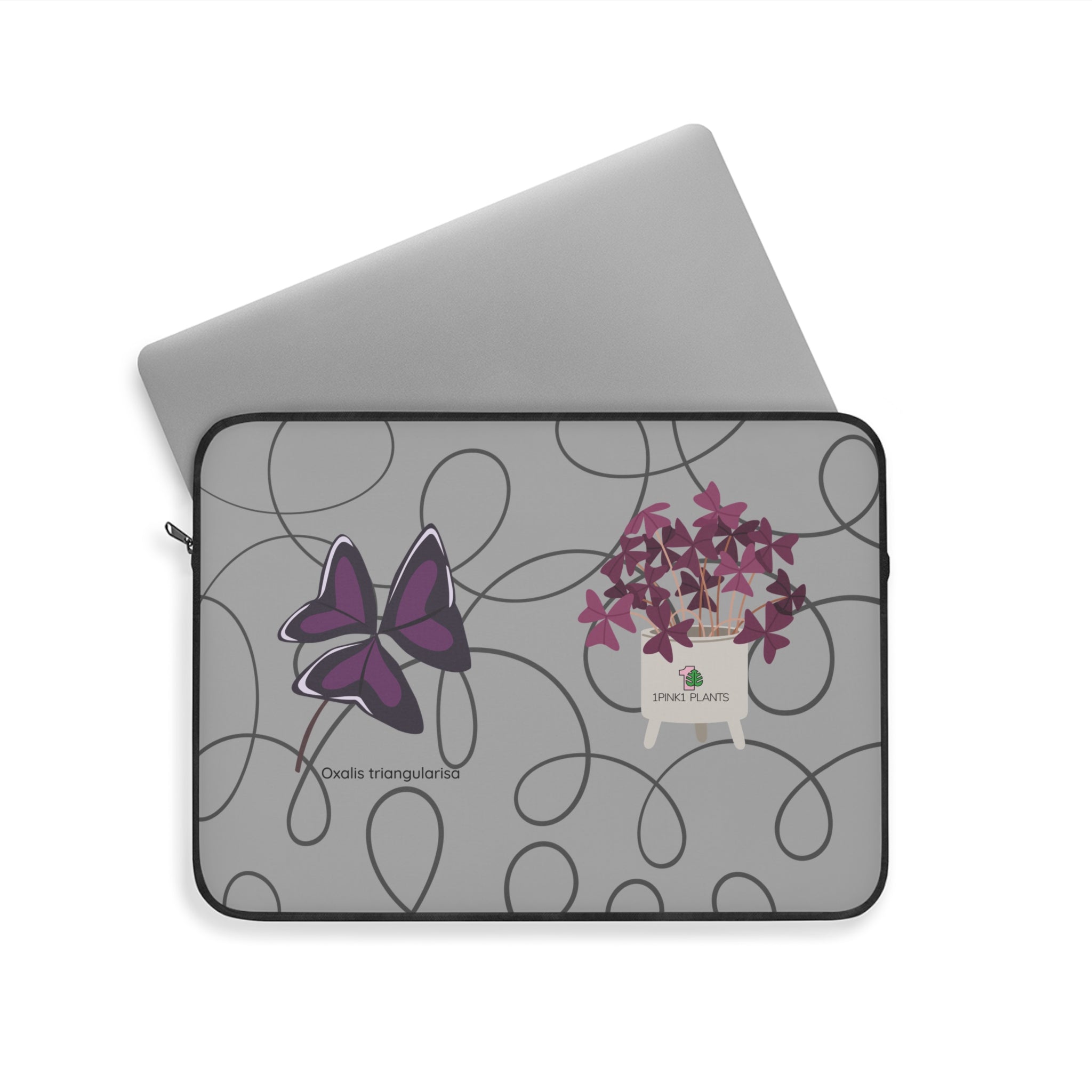 A laptop sleeve with a houseplant print. 