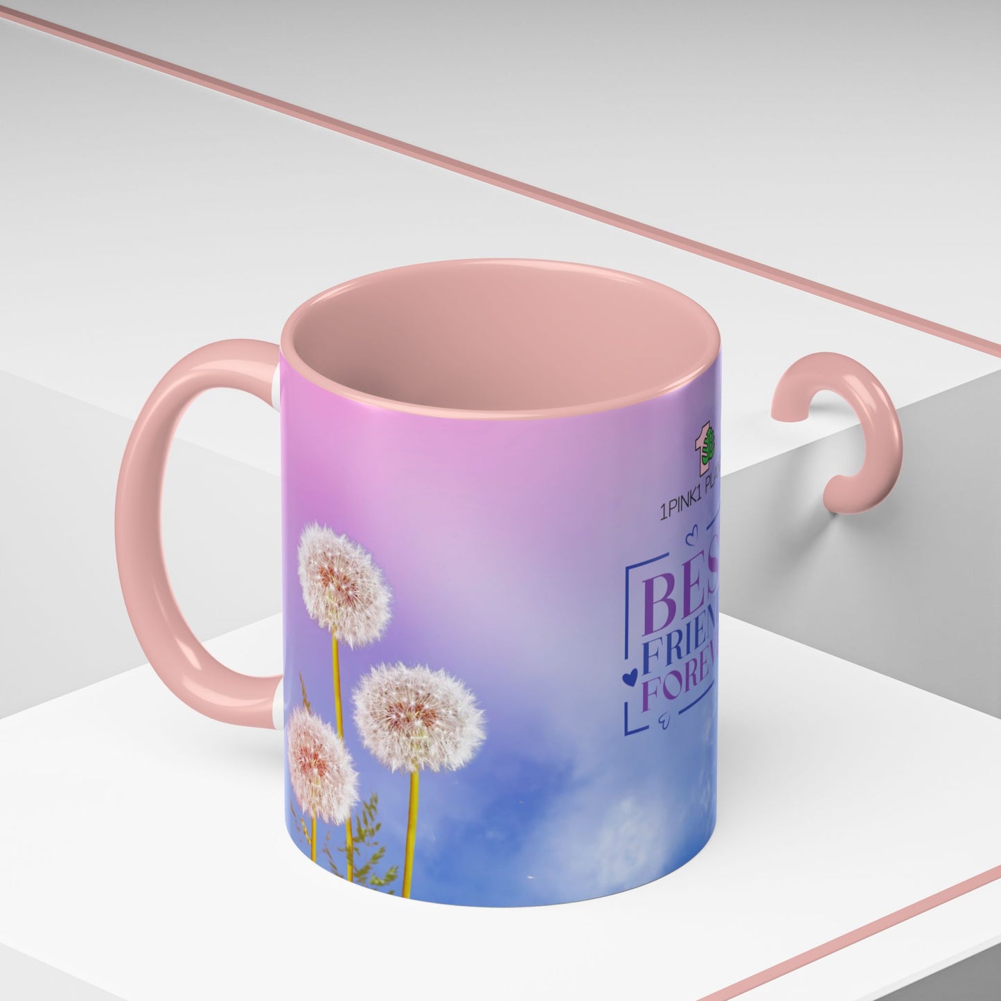 mockup of a pink mug with dandelions