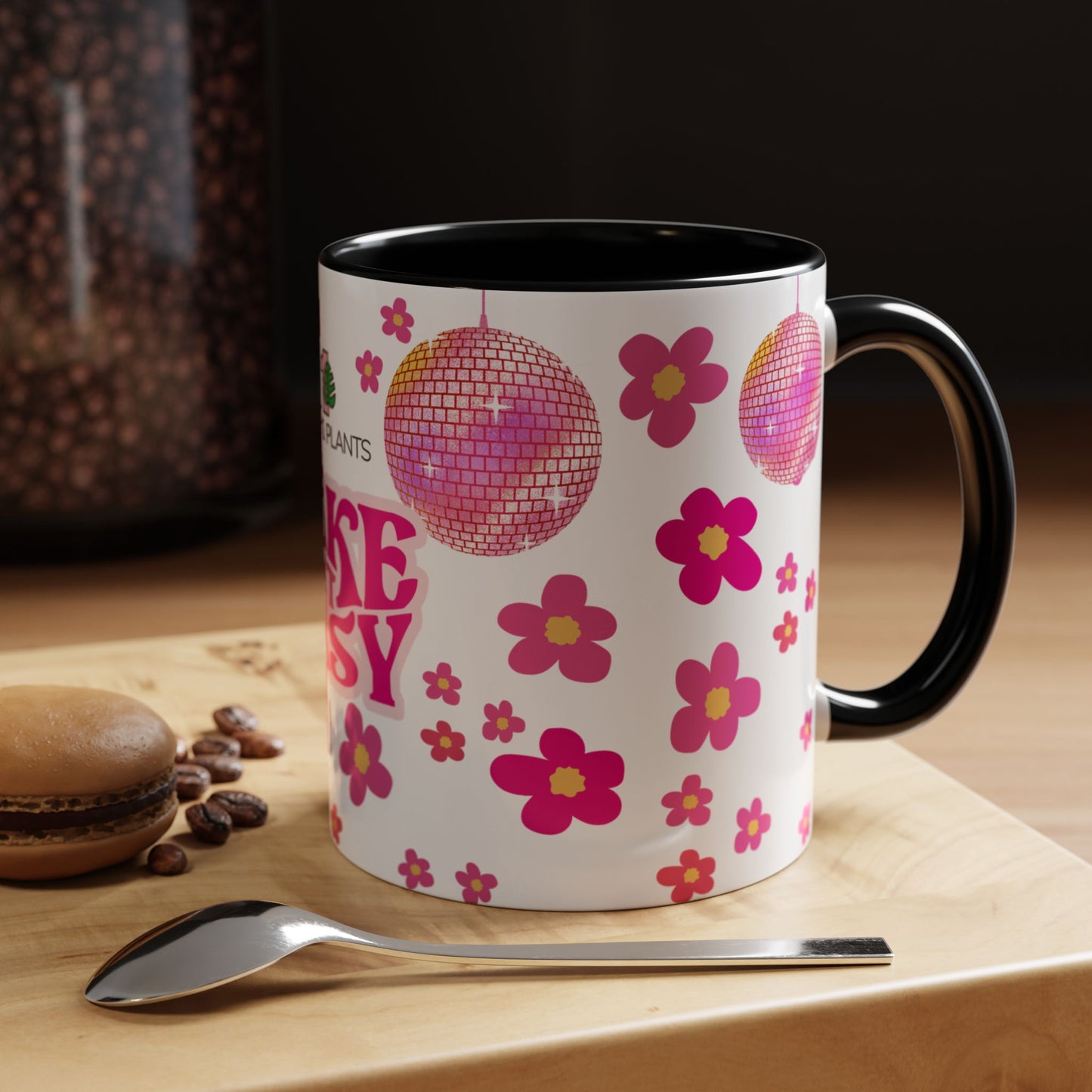 mockup of mug with pink disco ball and pink flowers