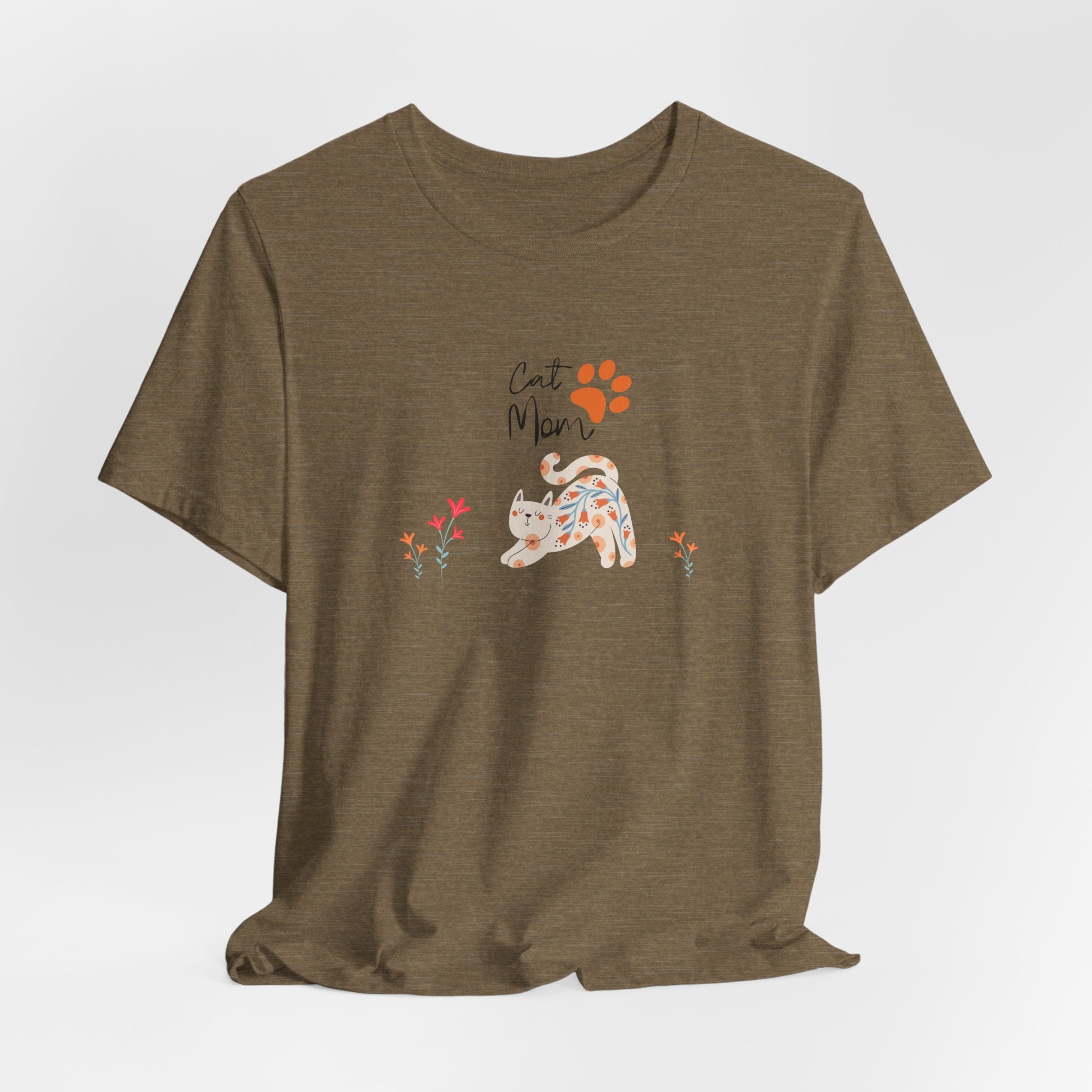 a heather olive t-shirt with the words "cat mom," a floral cat, and some flowers.