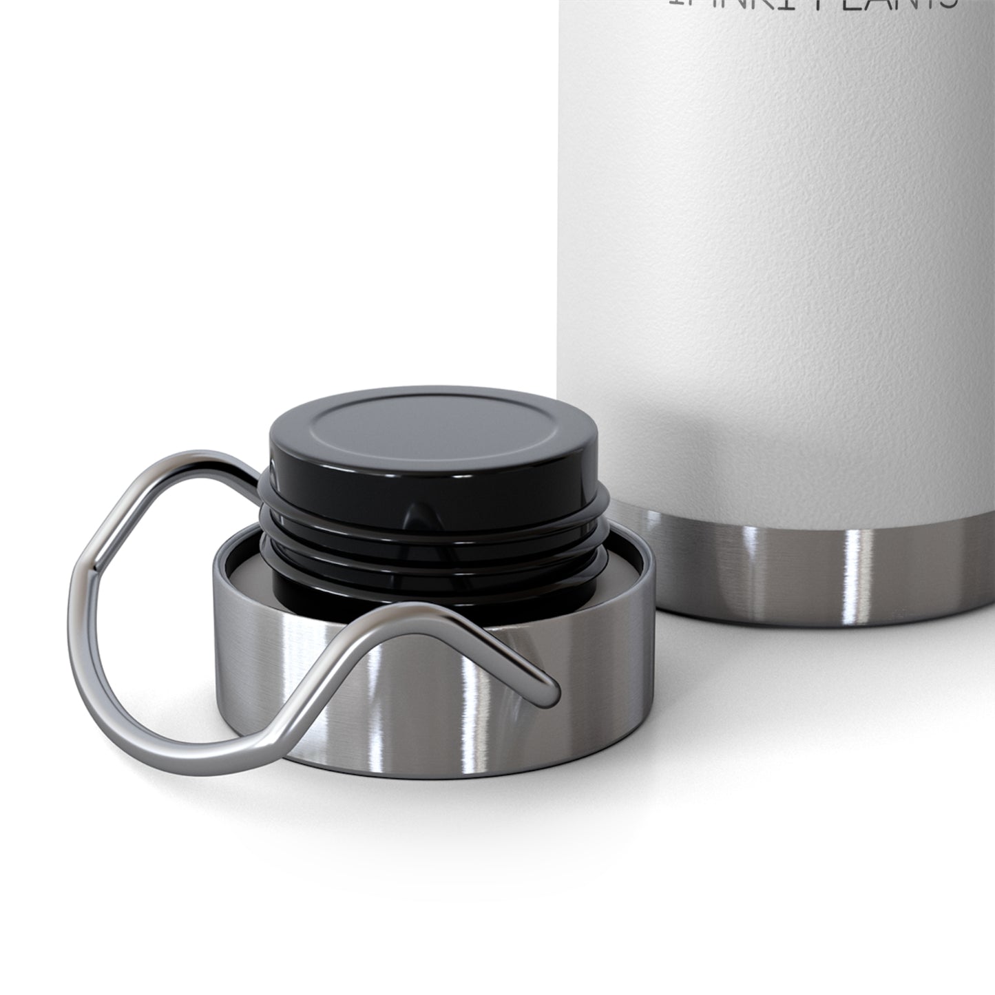 Close-up of a silver and black insulated bottle with a carabiner on a white background.