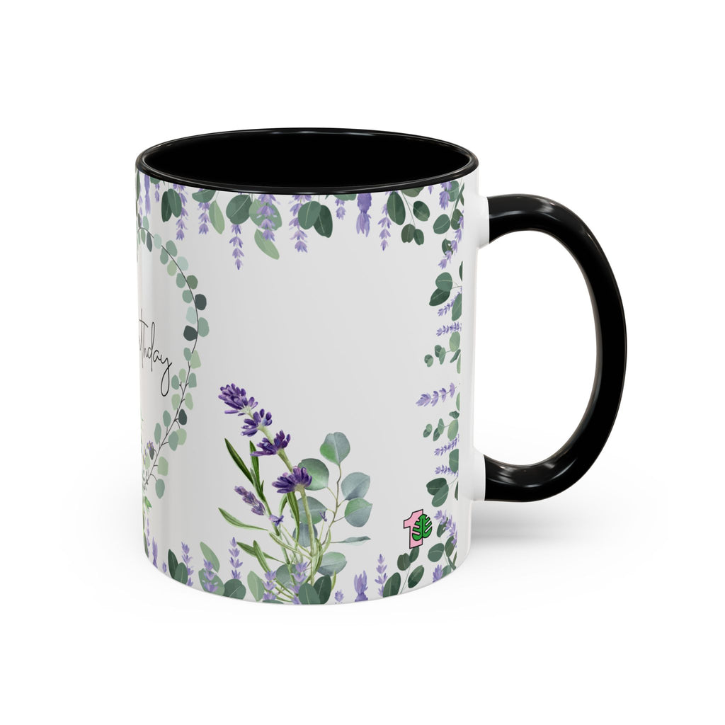 Mug with floral design and black handle on a white background