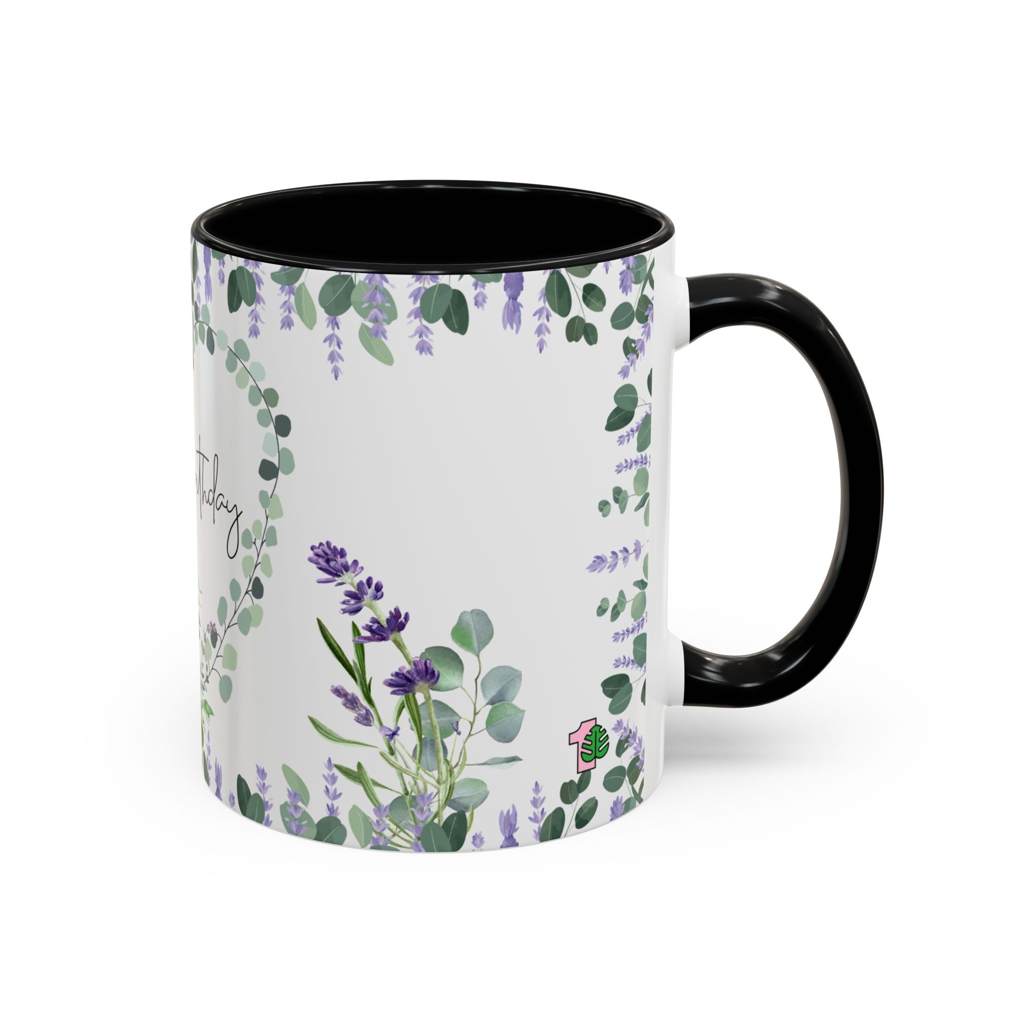 Mug with floral design and black handle on a white background