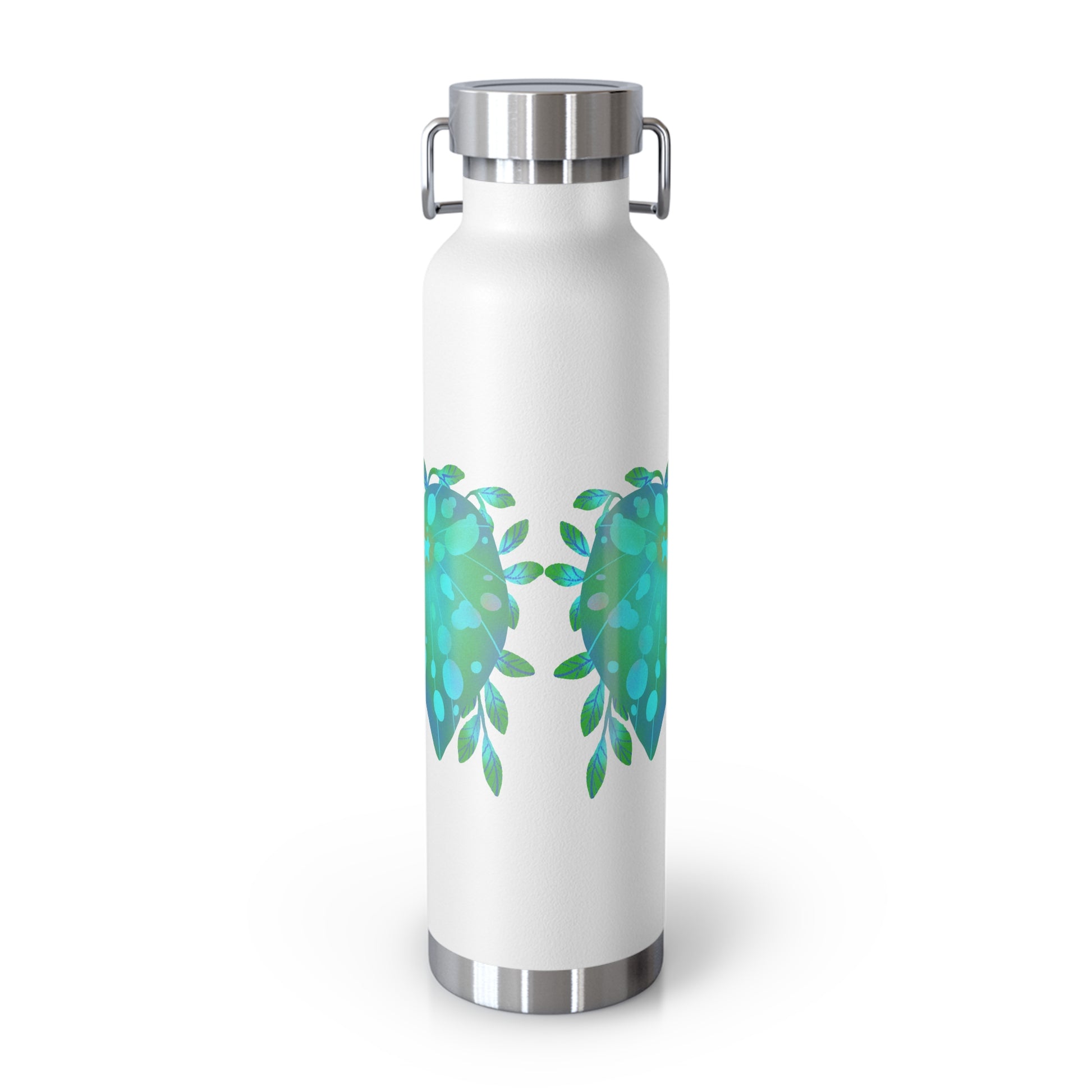 White water bottle with aqua leaf design on a white background