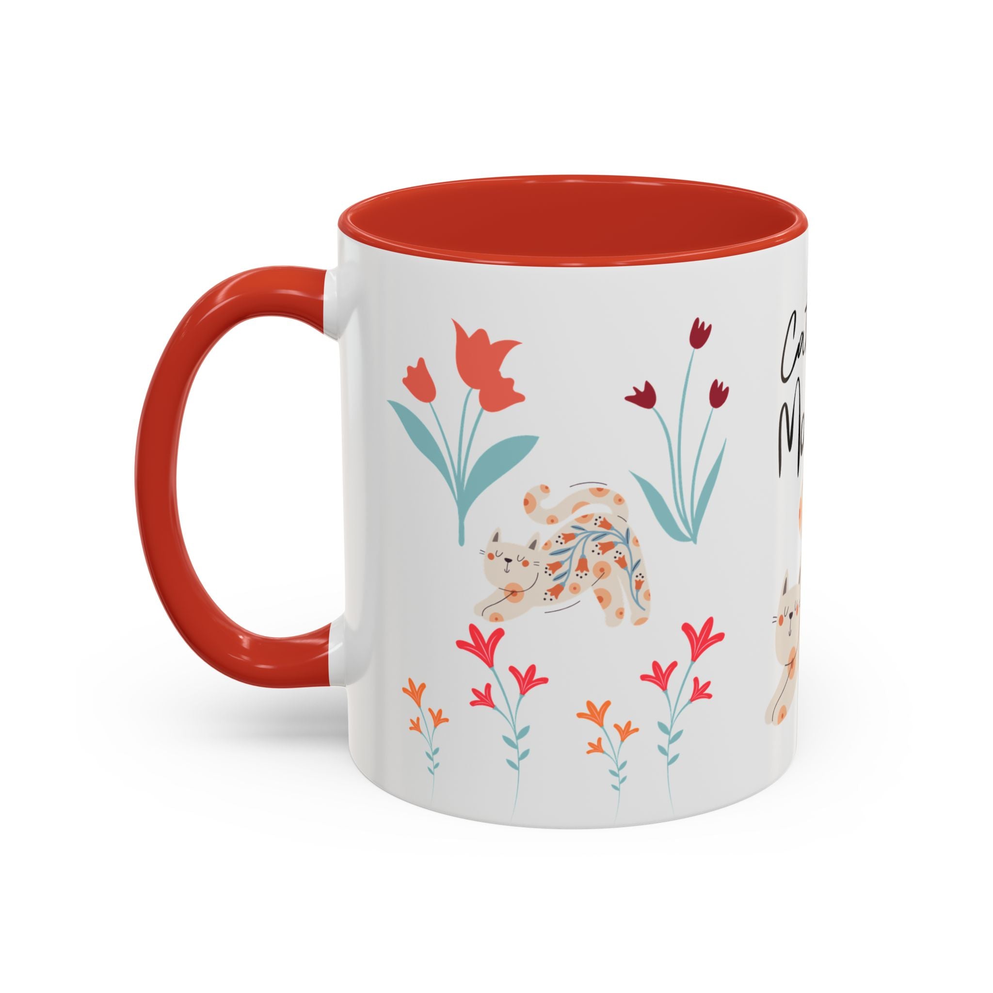 Mug with floral design and red handle on a white background