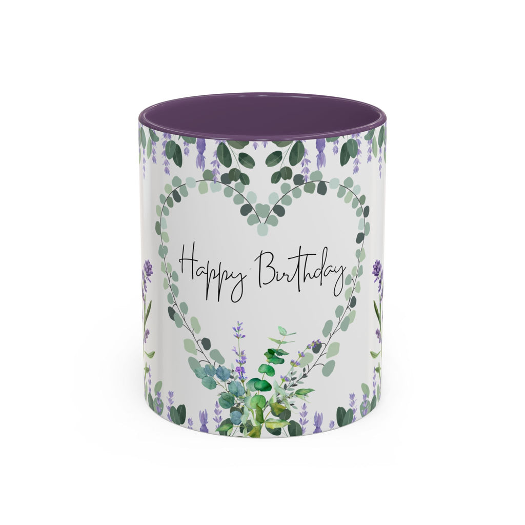 coffee mug with lavender design and 'Happy Birthday' text on a white background