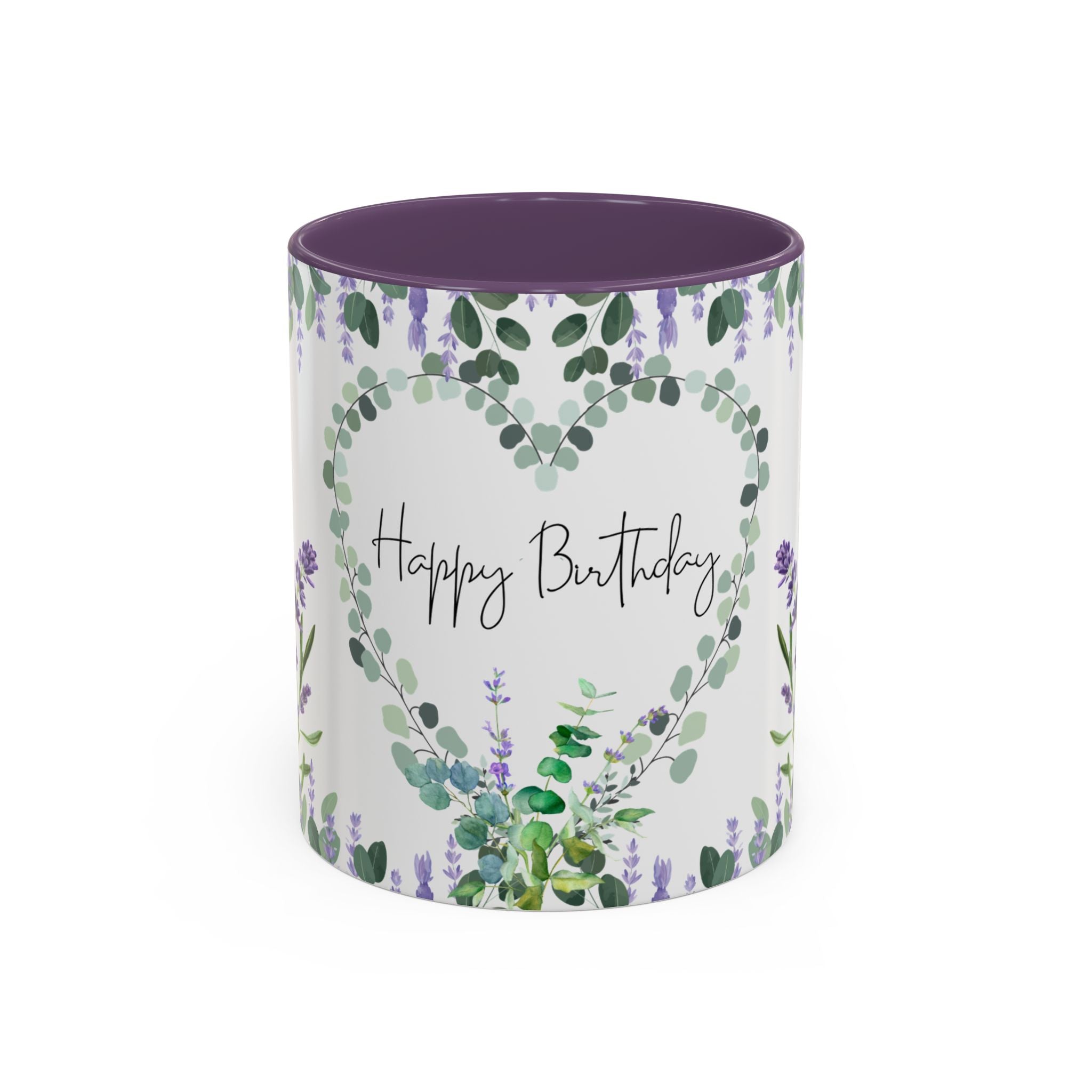 coffee mug with lavender design and 'Happy Birthday' text on a white background