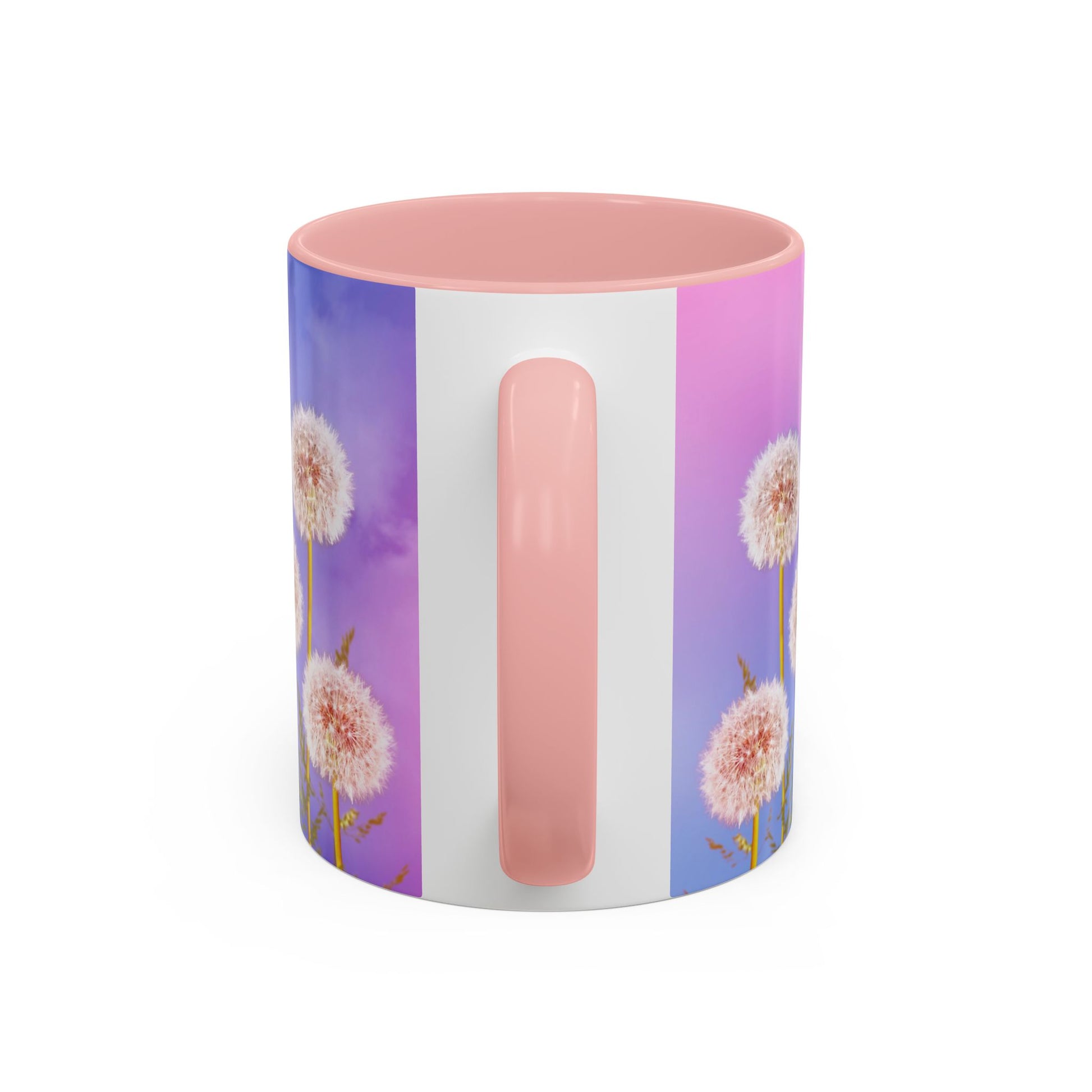 picture of the back of a mug with a pink handle