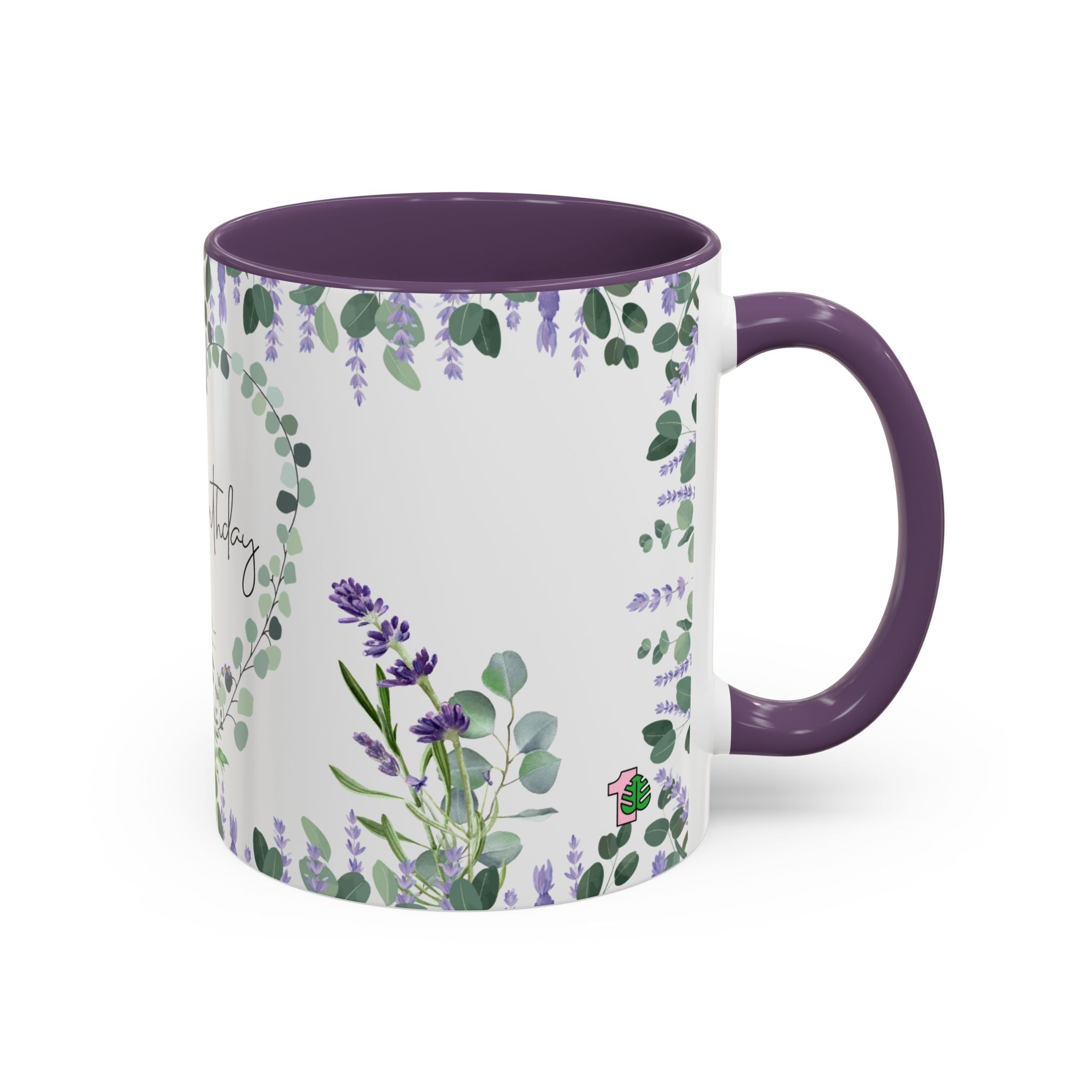 Mug with floral lavender design and purple interior and handle on a white background
