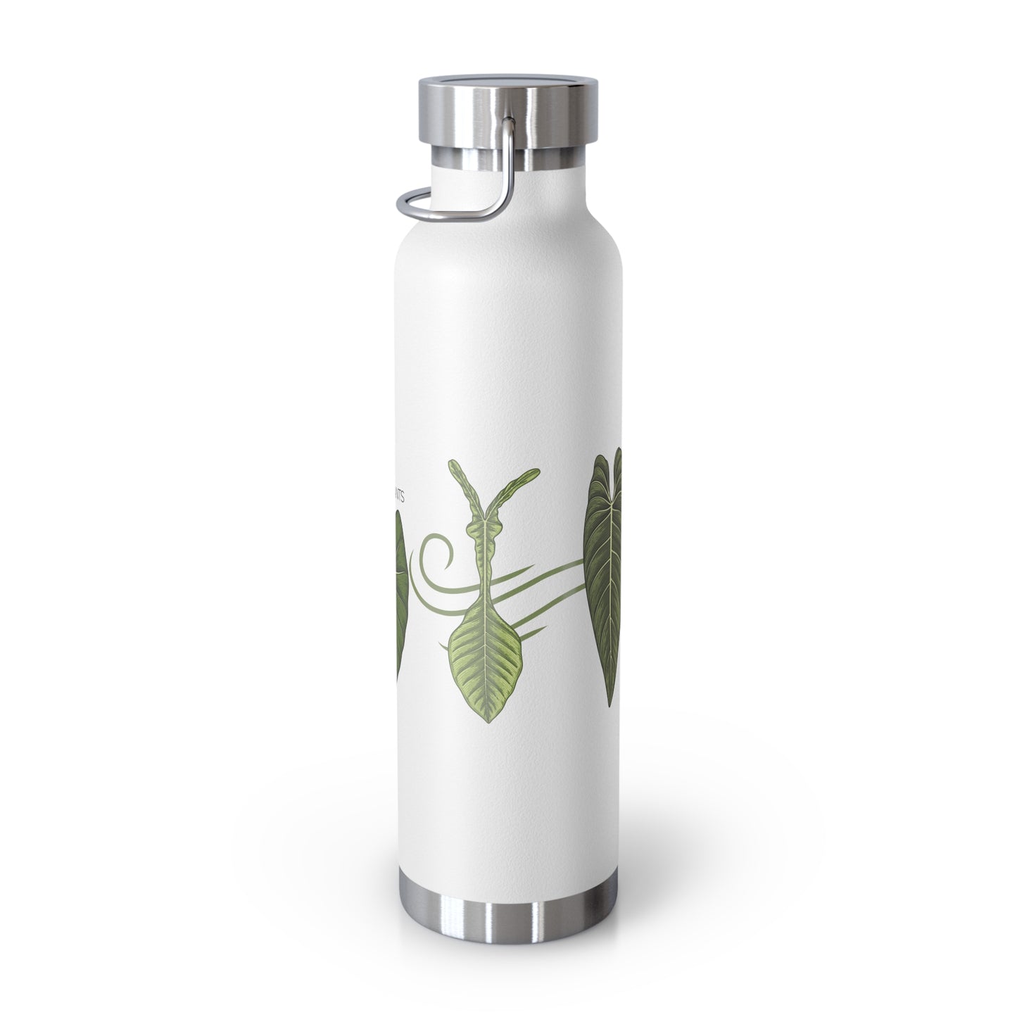 White water bottle with green philodendron leaf design on a white background