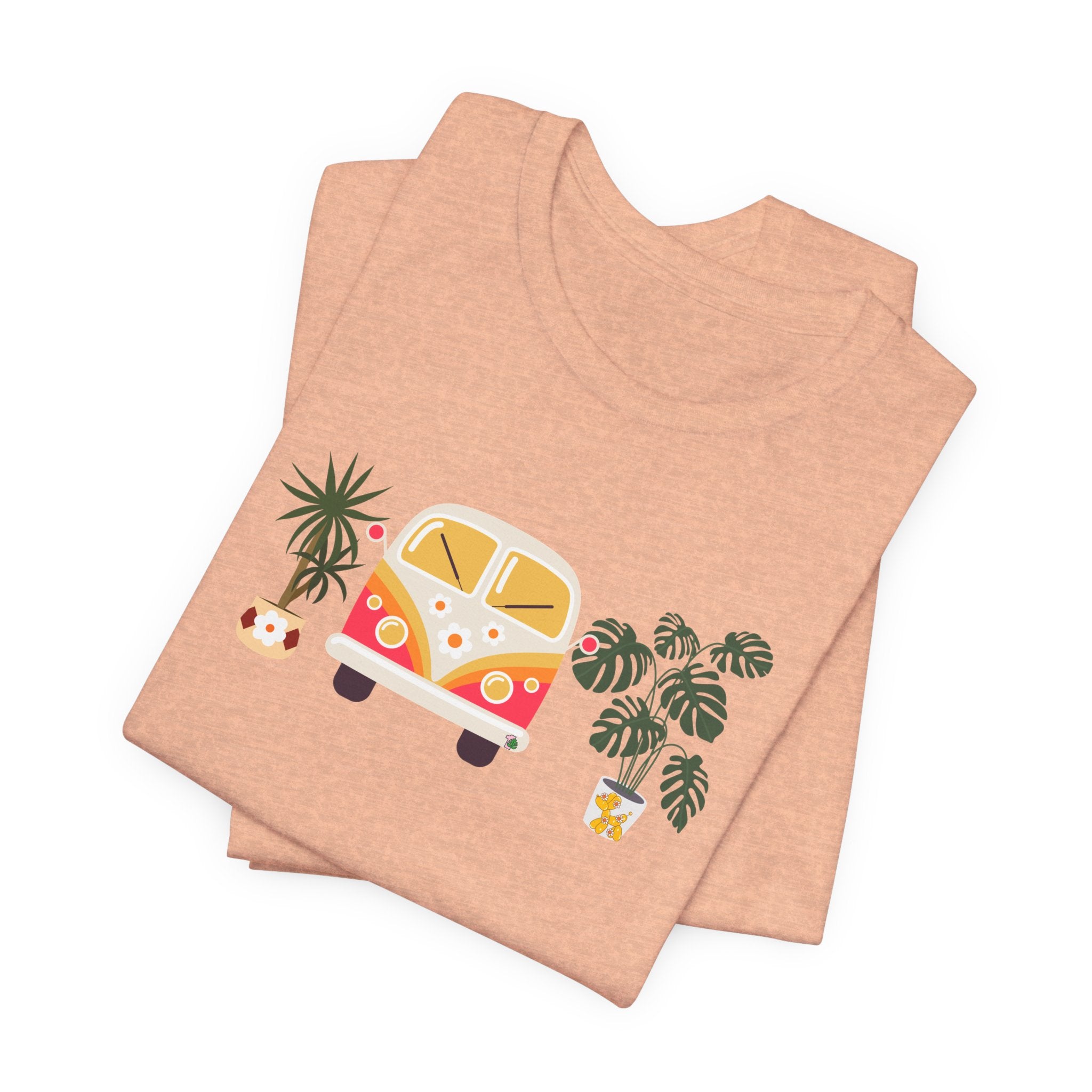 A graphic tee with plant designs and a vintage buggy car. 