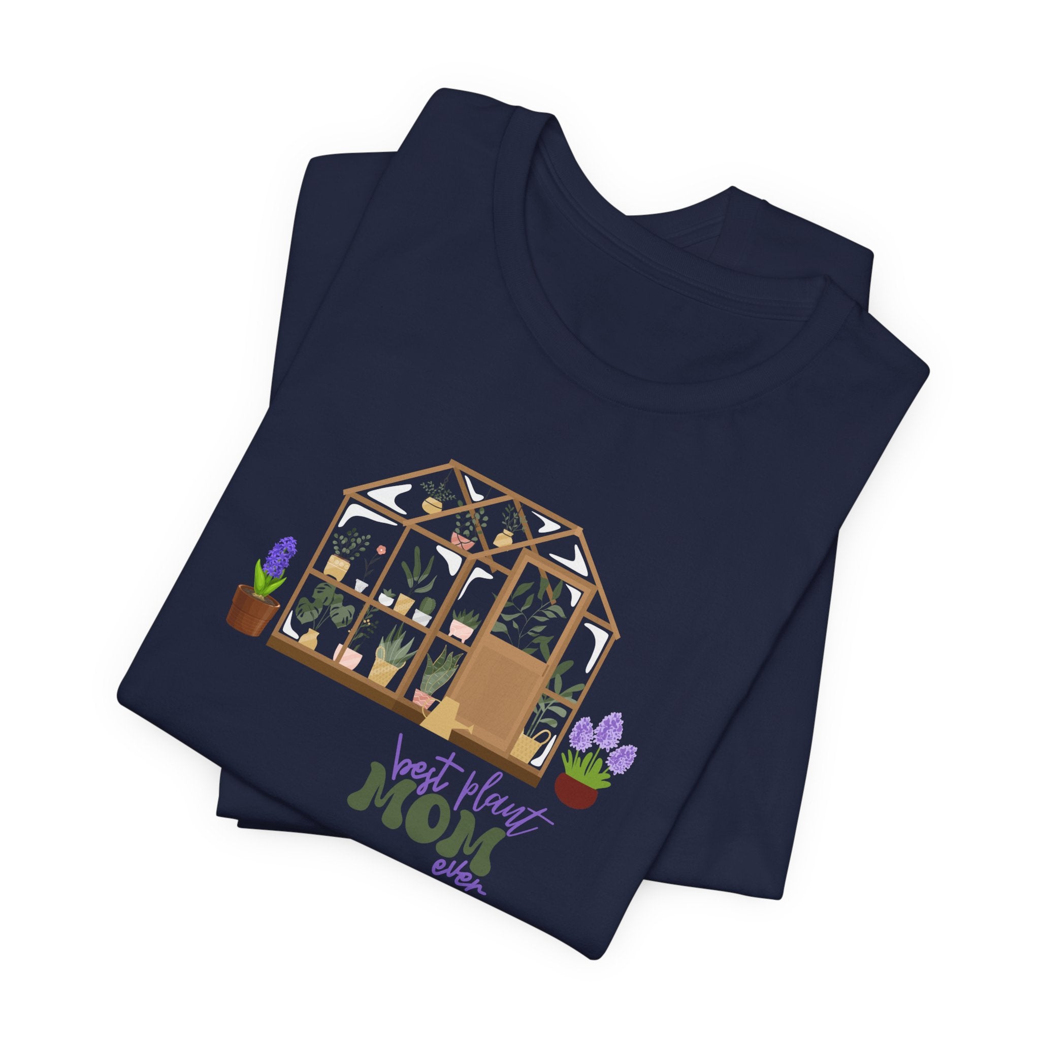 a navy shirt with a greenhouse design and the words "best plant mom ever."  
