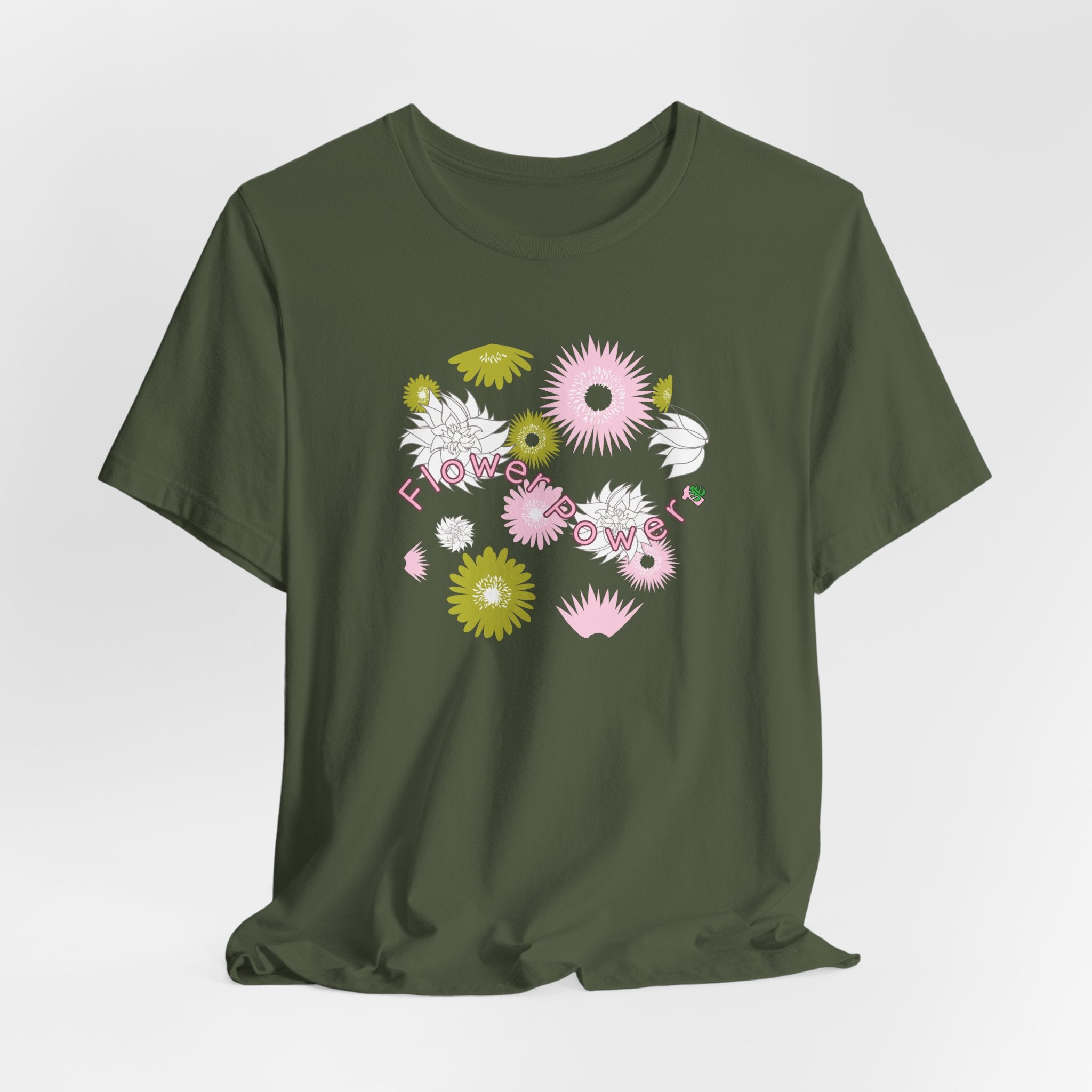 A military green color tee shirt with the words flower power in pink.  There are also pink, white, and green flowers printed on the shirt. 