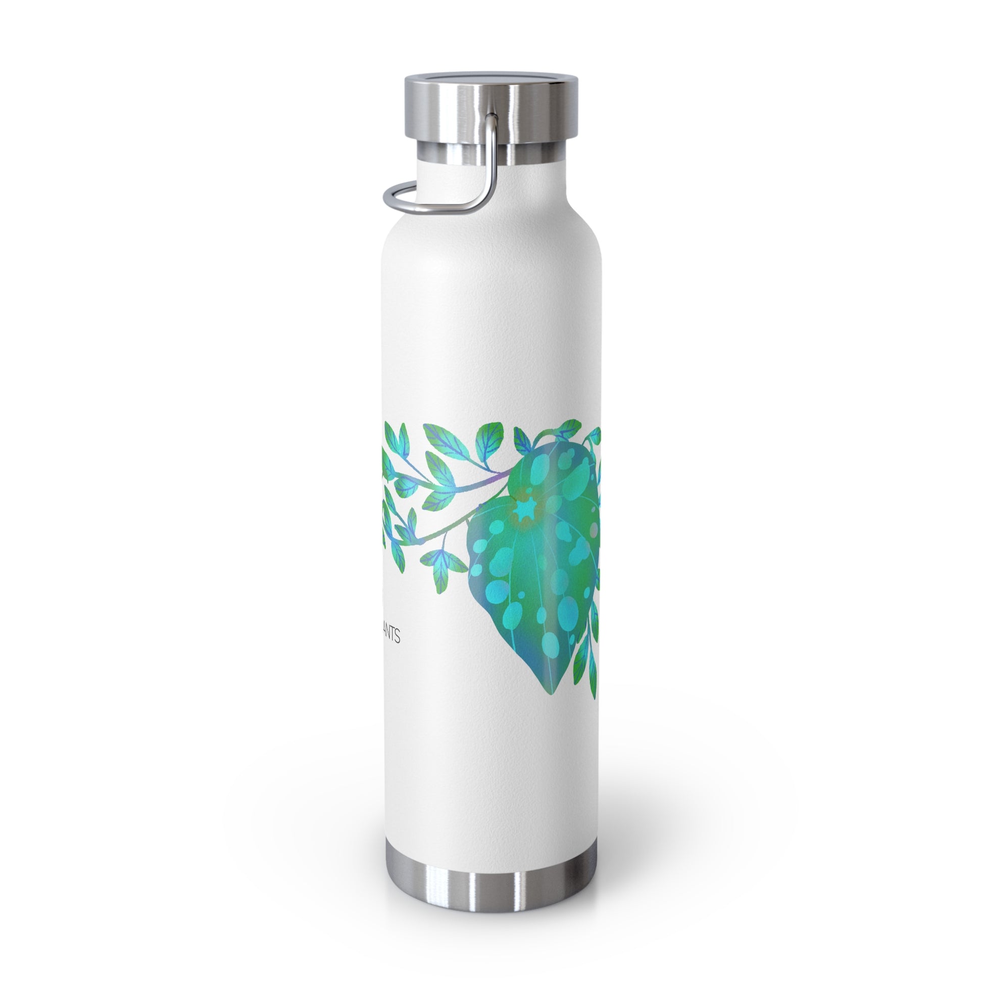 White water bottle with green begonia leaf design on a white background